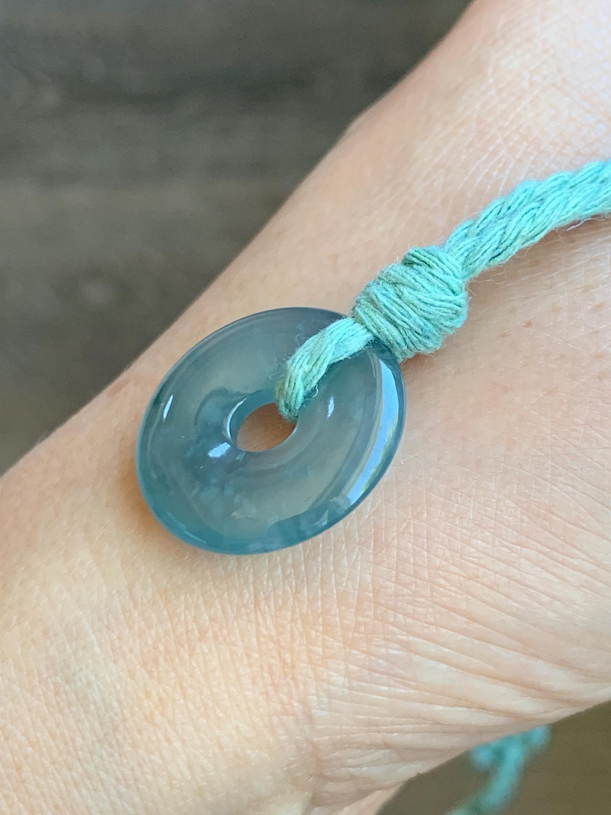 Natural Guatemalan Icy Translucent Teal Blue Jade Jadeite Ping An Kou Donut Petite Pendant Rope Necklace 26” 天然冰危蓝绿翡翠平安扣吊坠 WXK55L