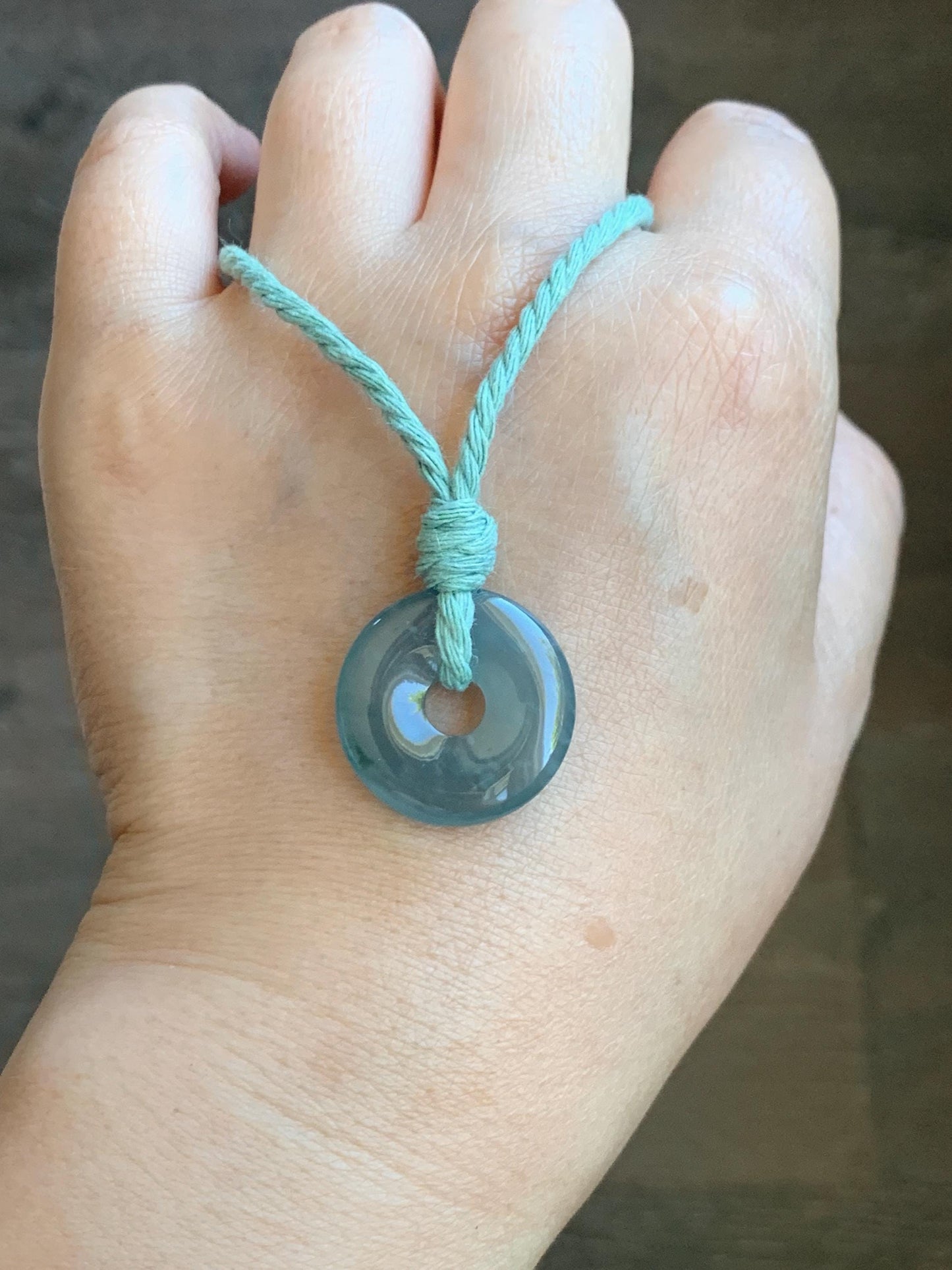 Natural Guatemalan Icy Translucent Teal Blue Jade Jadeite Ping An Kou Donut Petite Pendant Rope Necklace 26” 天然冰危蓝绿翡翠平安扣吊坠 WXK55L