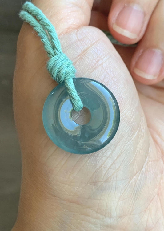 Natural Guatemalan Icy Translucent Teal Blue Jade Jadeite Ping An Kou Donut Petite Pendant Rope Necklace 26” 天然冰危蓝绿翡翠平安扣吊坠 WXK55L