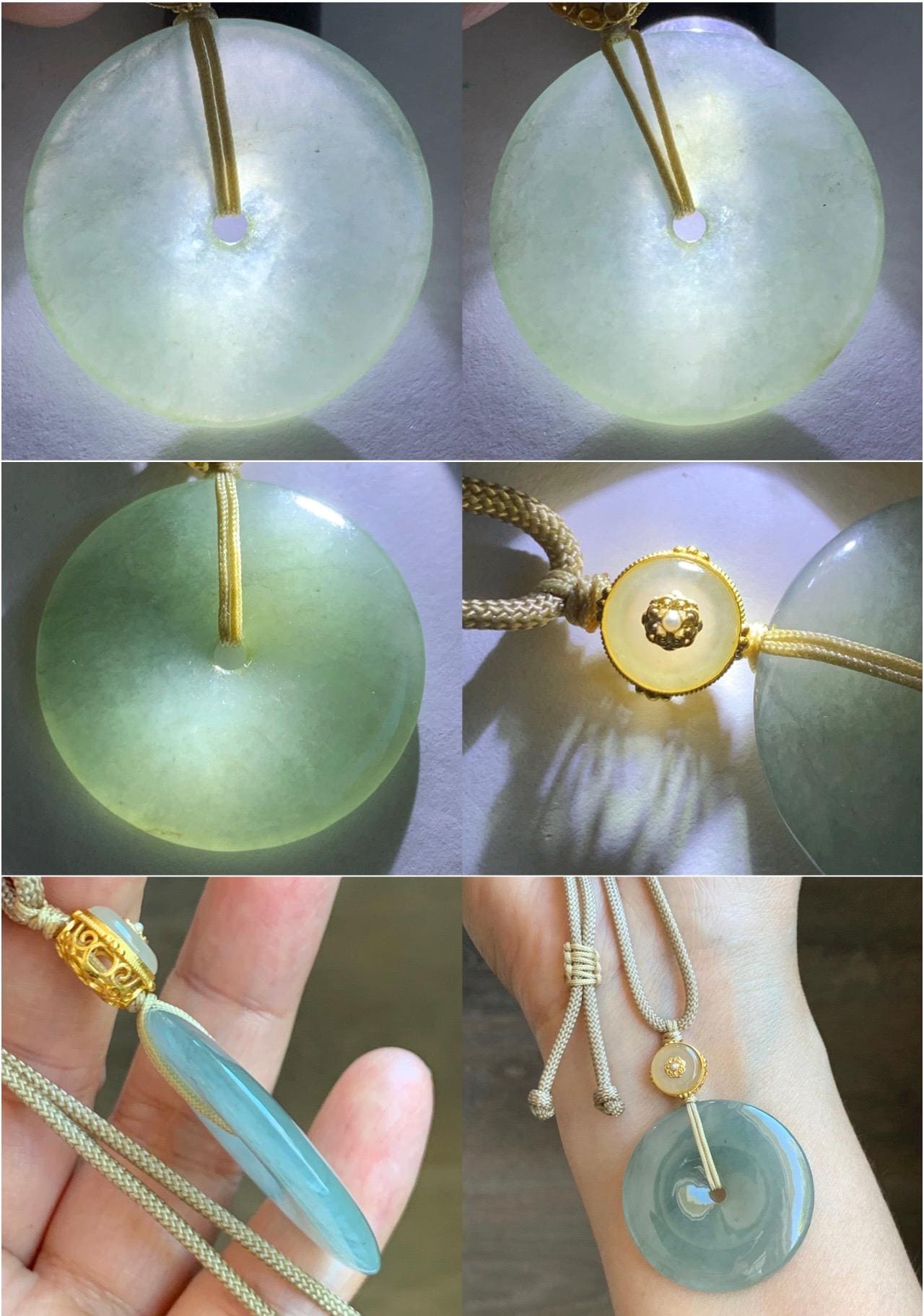 Natural Grade A Icy Translucent Dusty Green Wuji Jade Jadeite Large Ping An Kou Donut Pendant Rope Necklace 25" 天然冰胶老种淡绿乌鸡翡翠平安扣吊坠项链 MLW120A