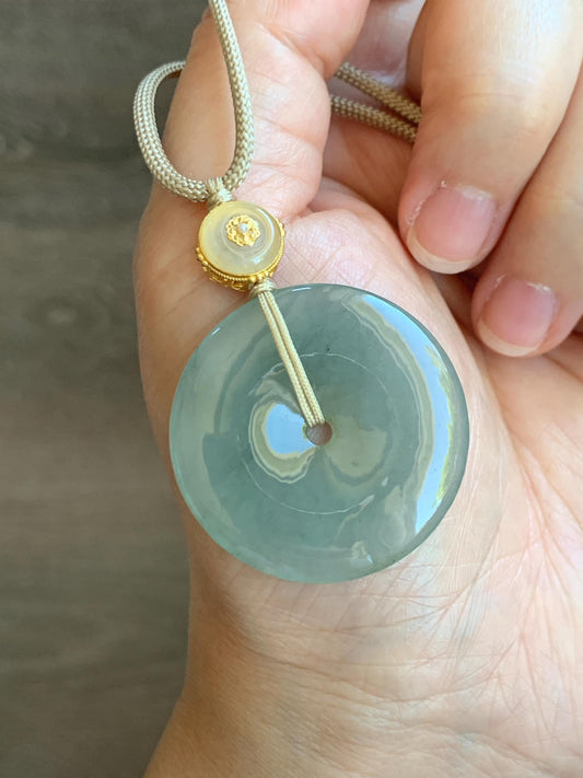 Natural Grade A Icy Translucent Dusty Green Wuji Jade Jadeite Large Ping An Kou Donut Pendant Rope Necklace 25" 天然冰胶老种淡绿乌鸡翡翠平安扣吊坠项链 MLW120A