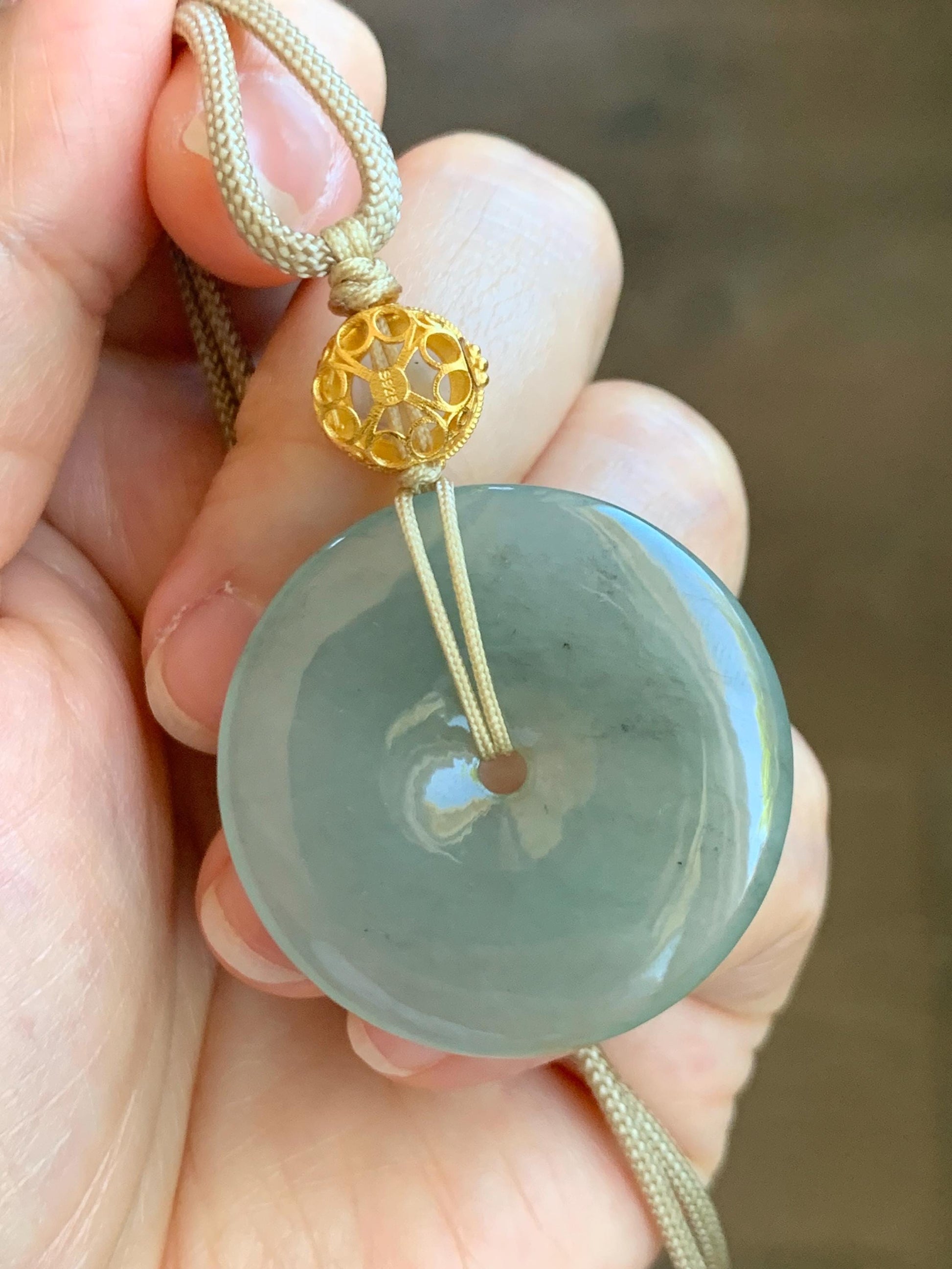 Natural Grade A Icy Translucent Dusty Green Wuji Jade Jadeite Large Ping An Kou Donut Pendant Rope Necklace 25" 天然冰胶老种淡绿乌鸡翡翠平安扣吊坠项链 MLW120A