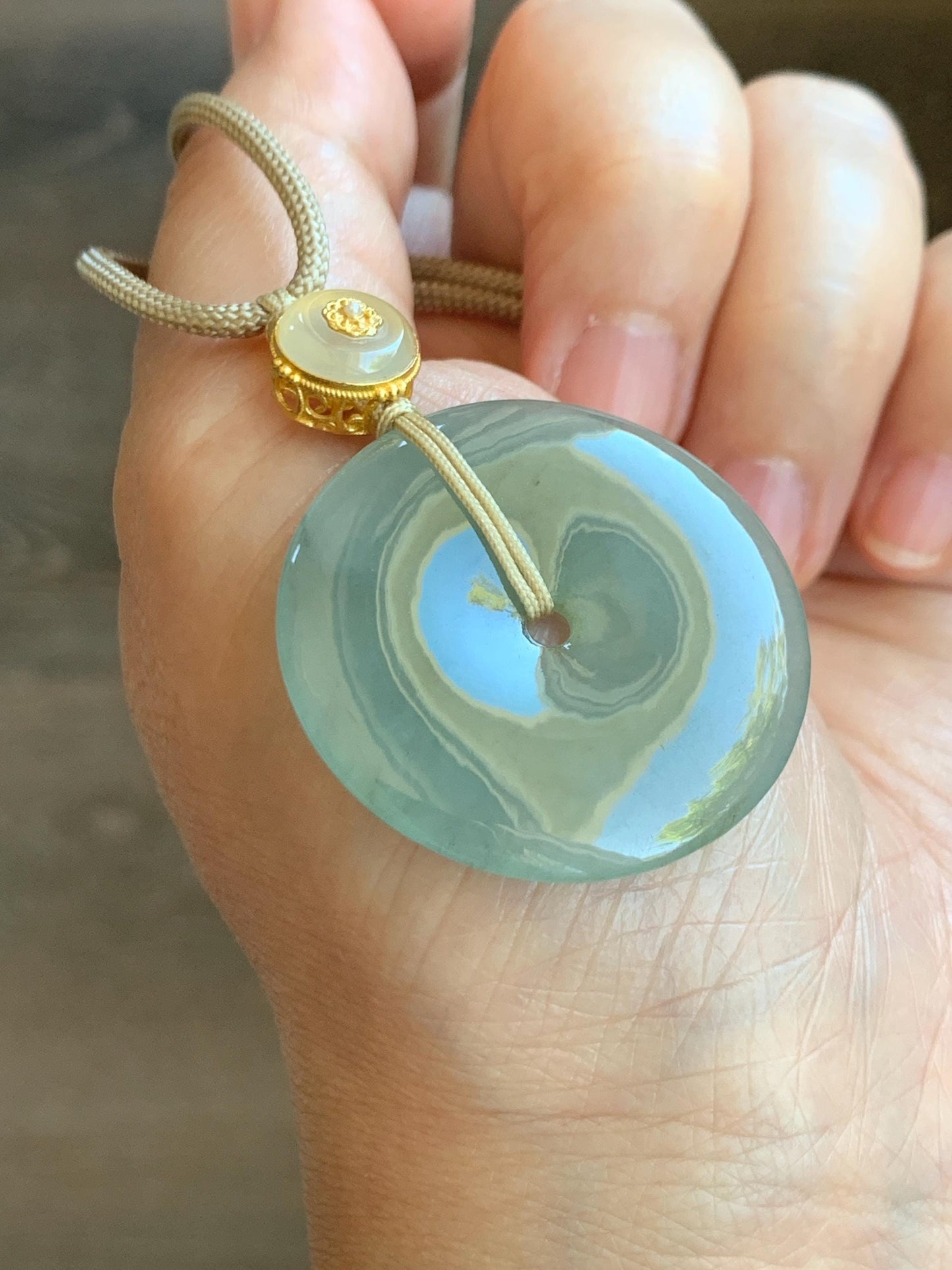 Natural Grade A Icy Translucent Dusty Green Wuji Jade Jadeite Large Ping An Kou Donut Pendant Rope Necklace 25" 天然冰胶老种淡绿乌鸡翡翠平安扣吊坠项链 MLW120A