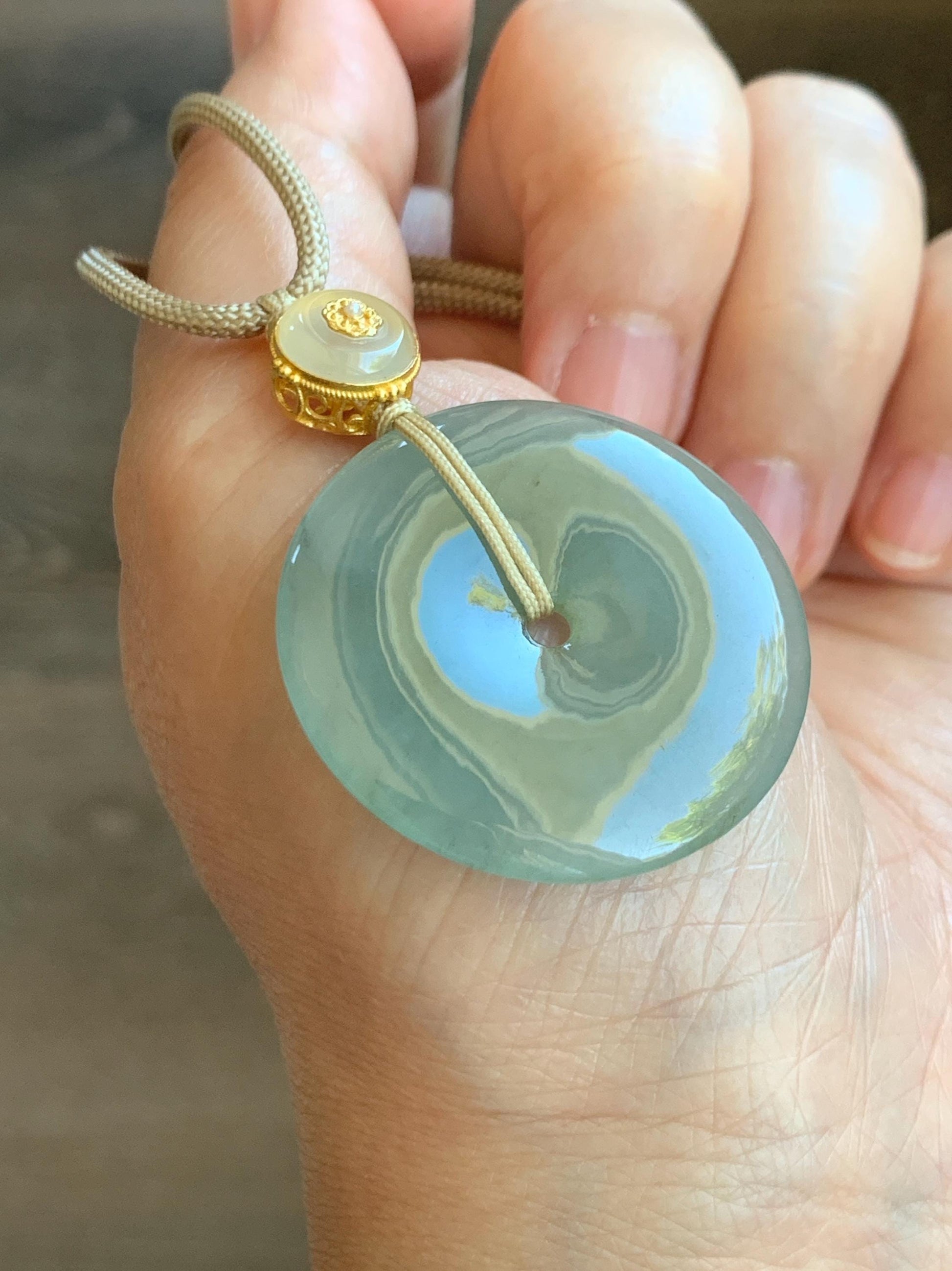 Natural Grade A Icy Translucent Dusty Green Wuji Jade Jadeite Large Ping An Kou Donut Pendant Rope Necklace 25" 天然冰胶老种淡绿乌鸡翡翠平安扣吊坠项链 MLW120A