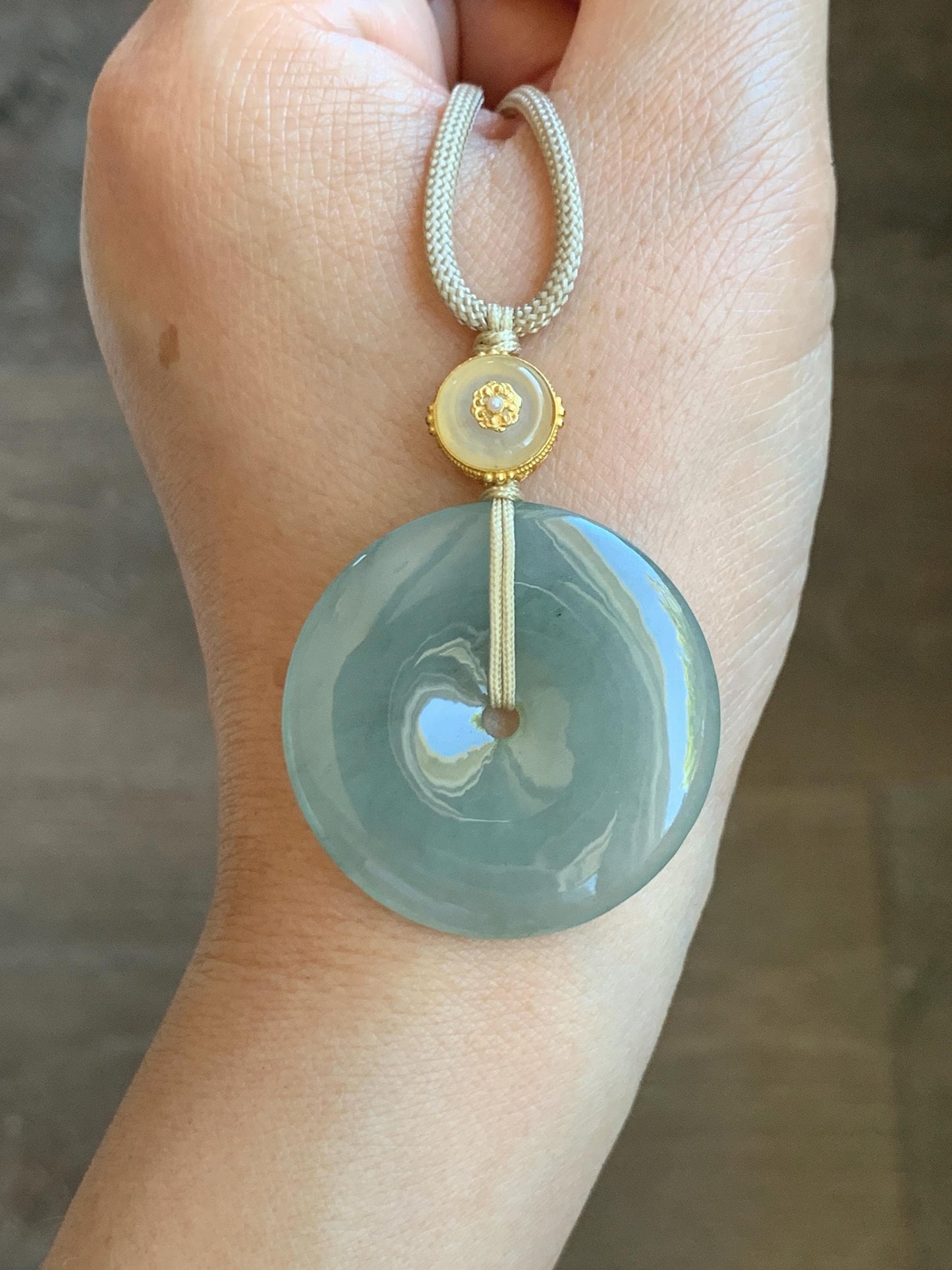 Natural Grade A Icy Translucent Dusty Green Wuji Jade Jadeite Large Ping An Kou Donut Pendant Rope Necklace 25" 天然冰胶老种淡绿乌鸡翡翠平安扣吊坠项链 MLW120A