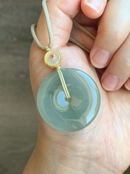 Natural Grade A Icy Translucent Dusty Green Wuji Jade Jadeite Large Ping An Kou Donut Pendant Rope Necklace 25" 天然冰胶老种淡绿乌鸡翡翠平安扣吊坠项链 MLW120B