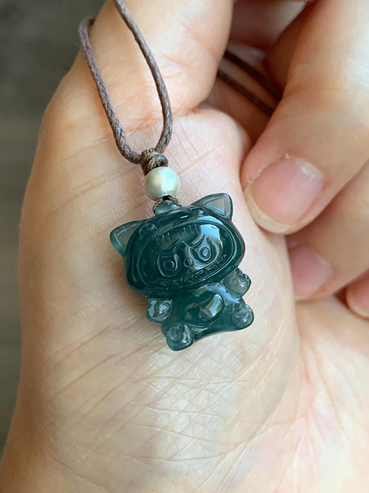 Natural Grade A Guatemalan Icy Translucent Dark Teal Blue Jade Jadeite Carved Monster Plush Pendant Rope Necklace 25” 天然冰胶危深蓝绿翡翠吊坠 LBB88C