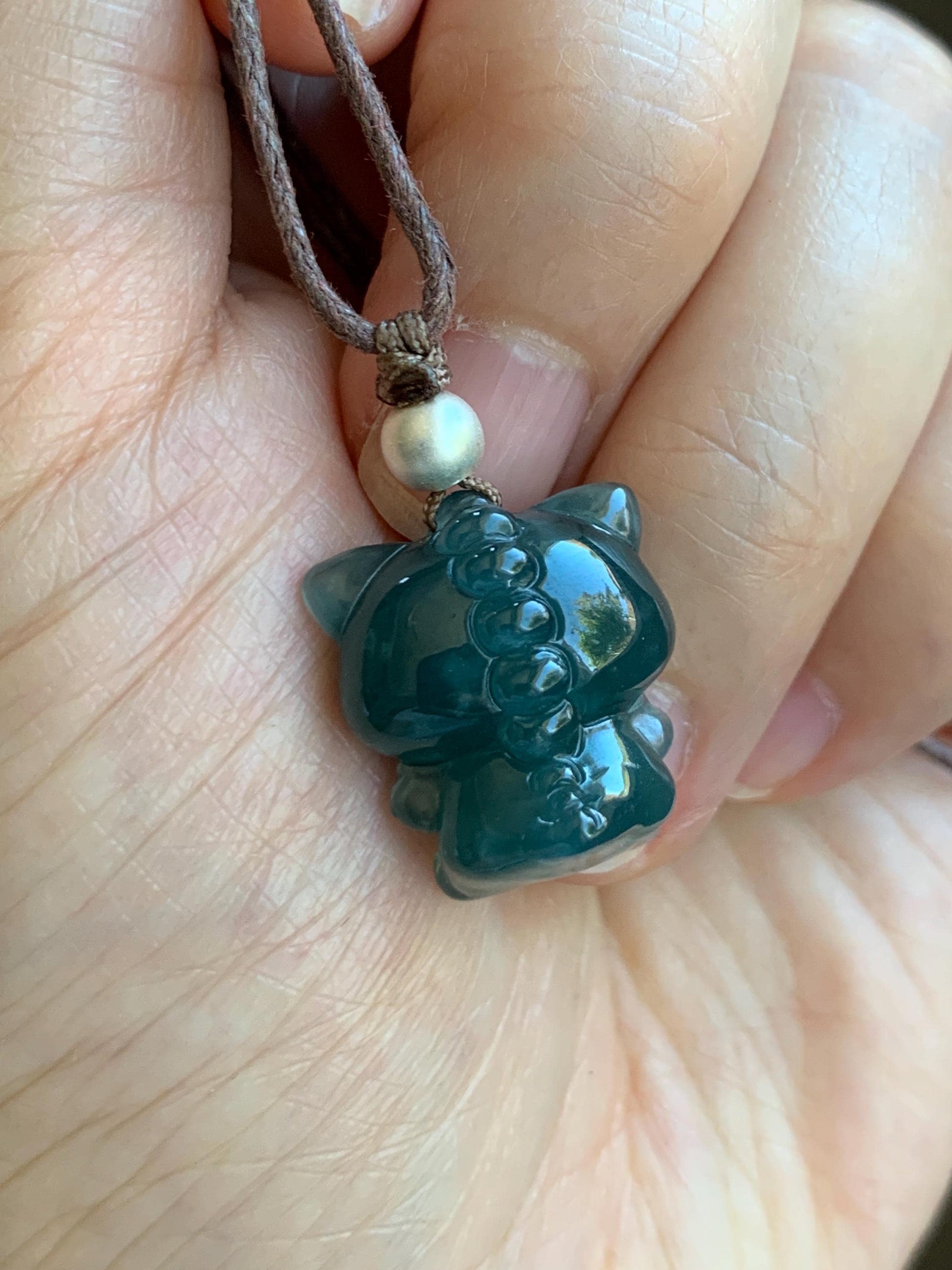Natural Grade A Guatemalan Icy Translucent Dark Teal Blue Jade Jadeite Carved Monster Plush Pendant Rope Necklace 25” 天然冰胶危深蓝绿翡翠吊坠 LBB88C