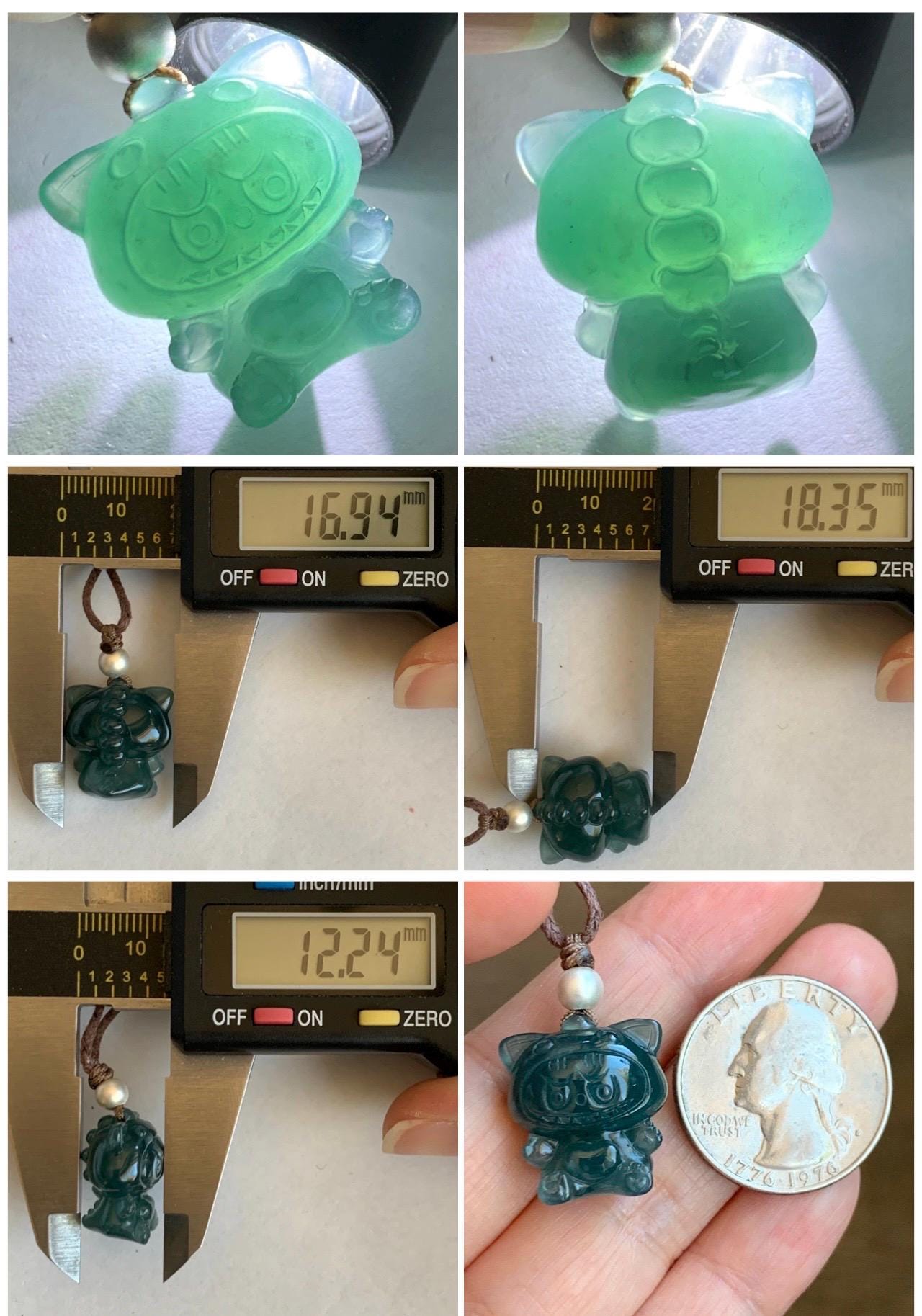 Natural Grade A Guatemalan Icy Translucent Dark Teal Blue Jade Jadeite Carved Monster Plush Pendant Rope Necklace 25” 天然冰胶危深蓝绿翡翠吊坠 LBB88C