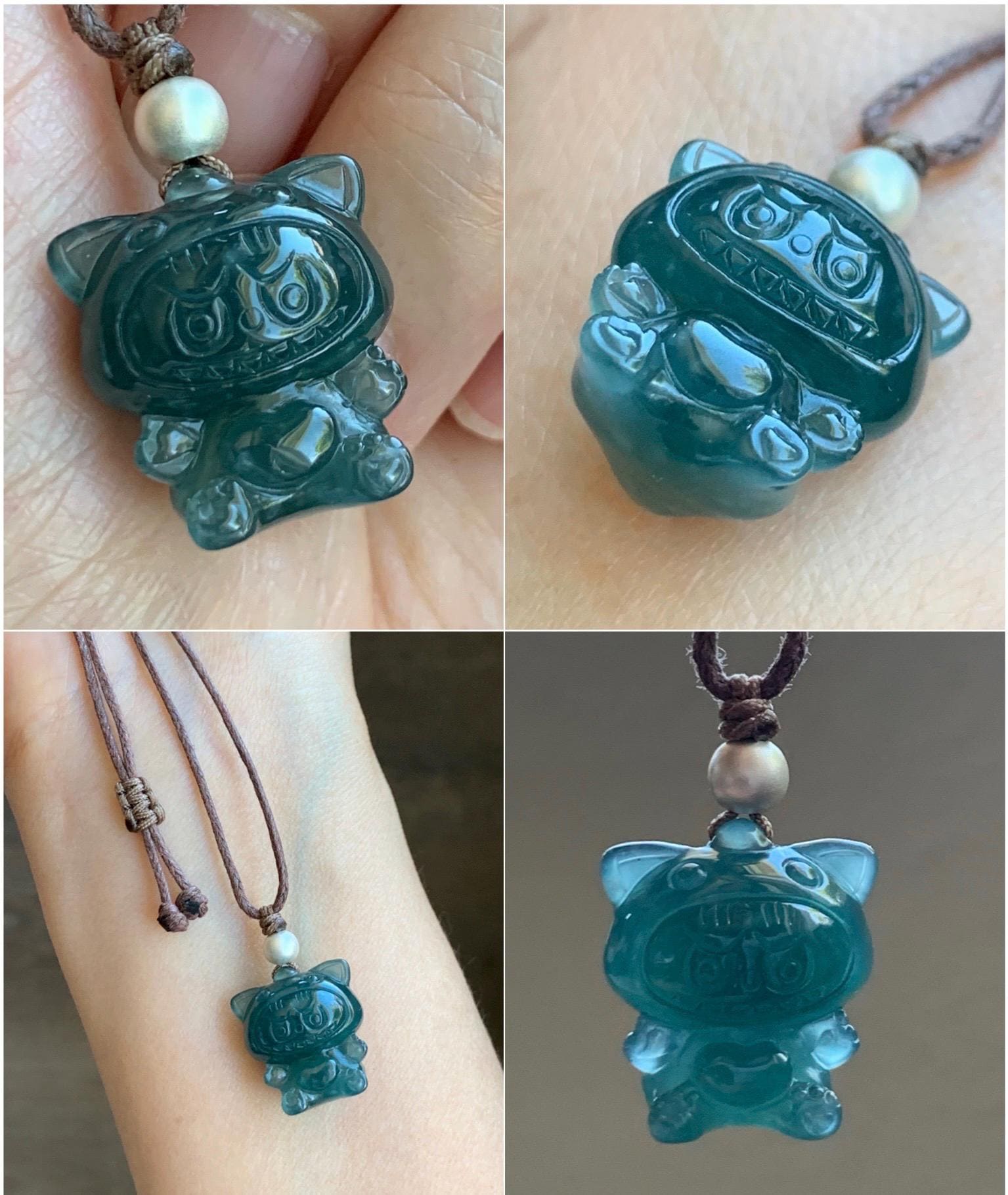 Natural Grade A Guatemalan Icy Translucent Dark Teal Blue Jade Jadeite Carved Monster Plush Pendant Rope Necklace 25” 天然冰胶危深蓝绿翡翠吊坠 LBB88C