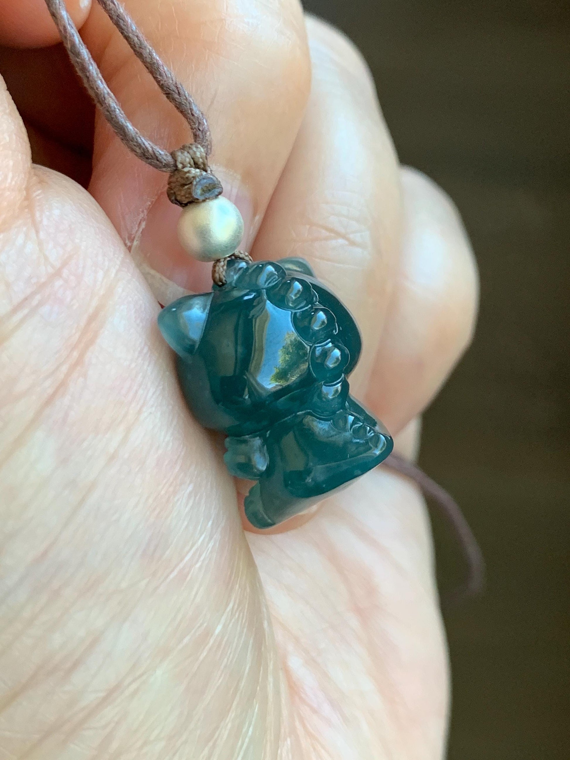 Natural Grade A Guatemalan Icy Translucent Dark Teal Blue Jade Jadeite Carved Monster Plush Pendant Rope Necklace 25” 天然冰胶危深蓝绿翡翠吊坠 LBB88C