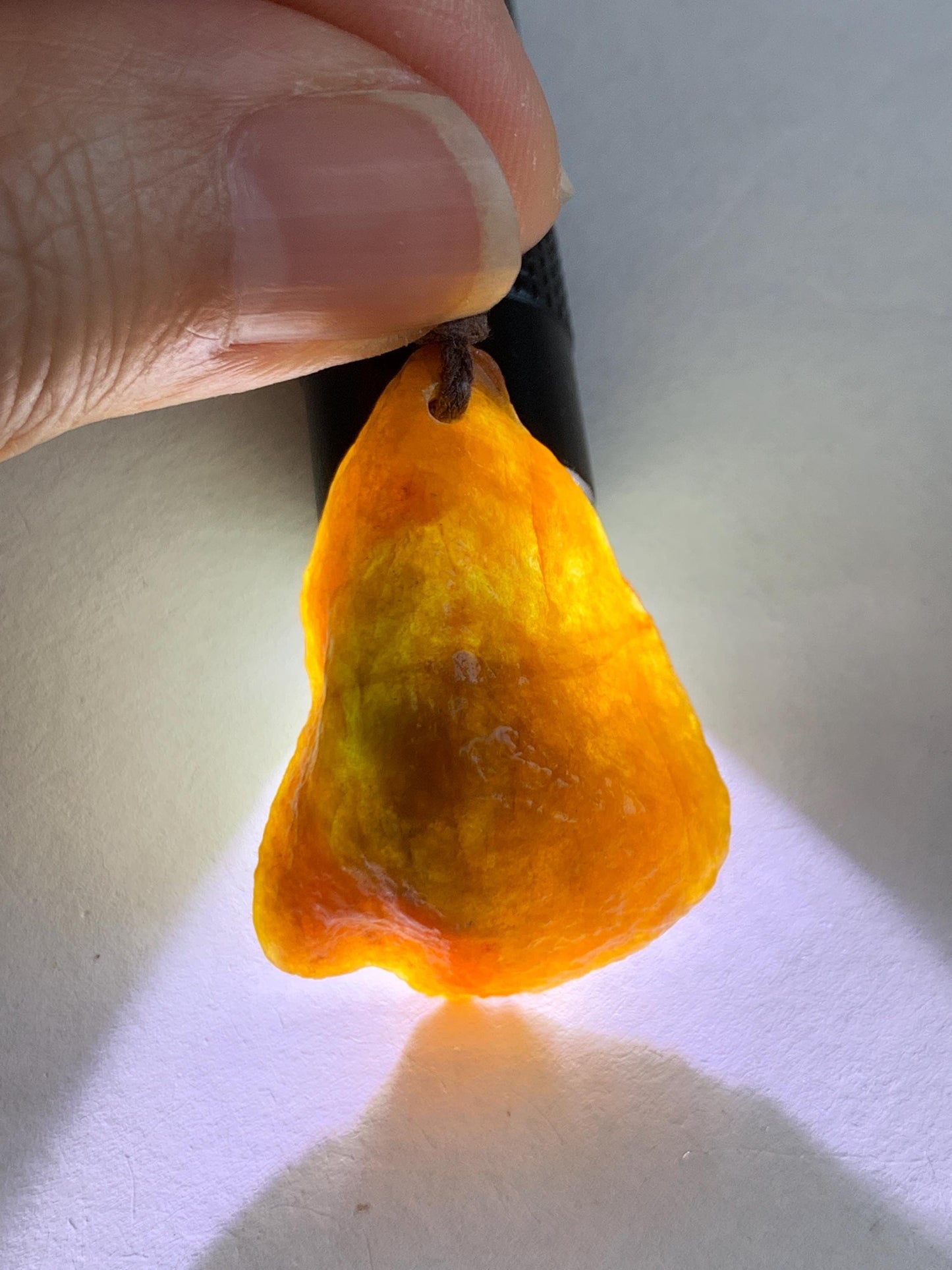 Natural Grade A Icy Translucent Bicolored Jade Jadeite w/ Rind Teardrop Pendant Rough Cut Rope Necklace 24.5” 12g 天然冰胶油黄皮壳料翡翠牌项链 PGL450A
