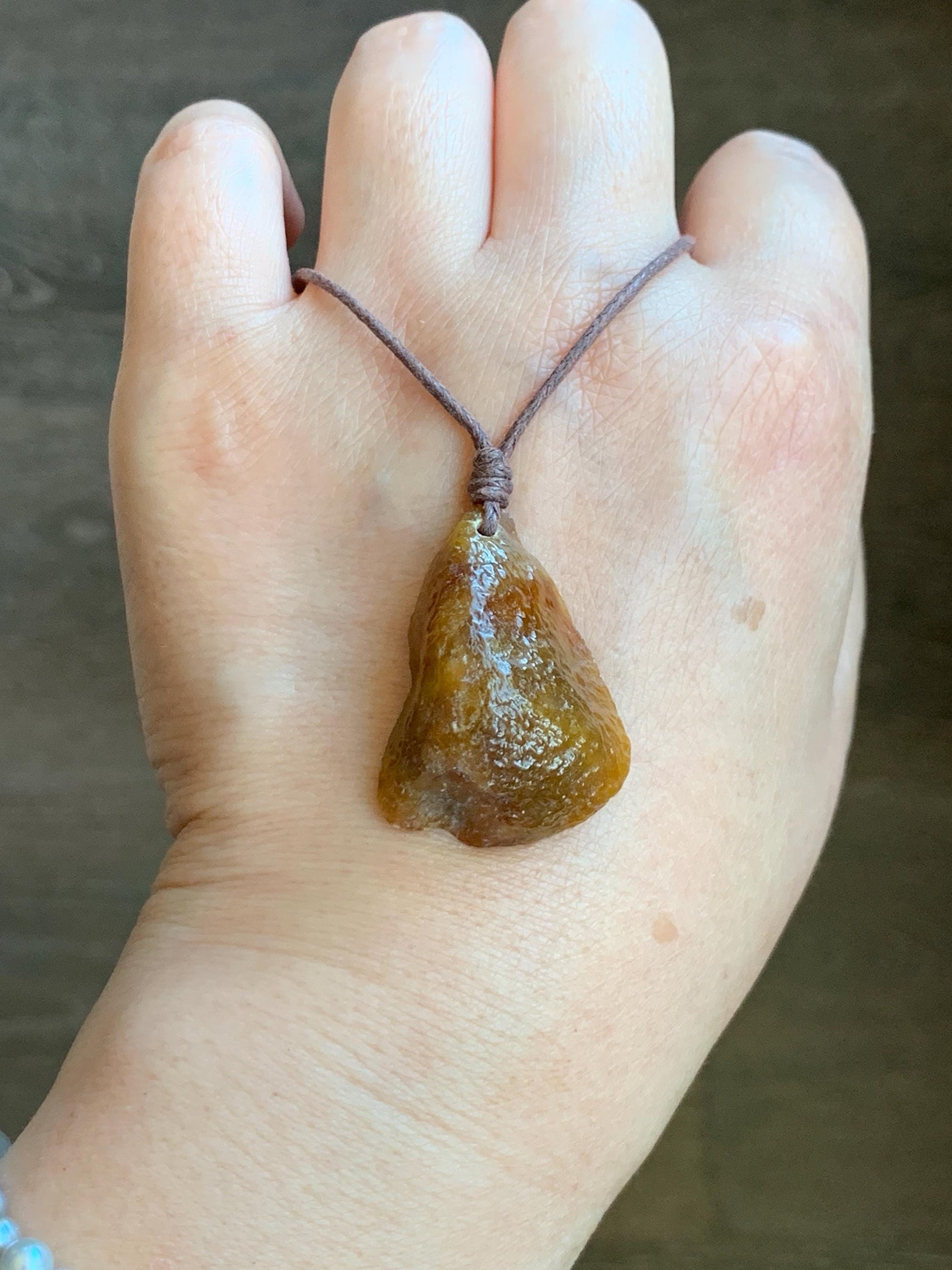 Natural Grade A Icy Translucent Bicolored Jade Jadeite w/ Rind Teardrop Pendant Rough Cut Rope Necklace 24.5” 12g 天然冰胶油黄皮壳料翡翠牌项链 PGL450A