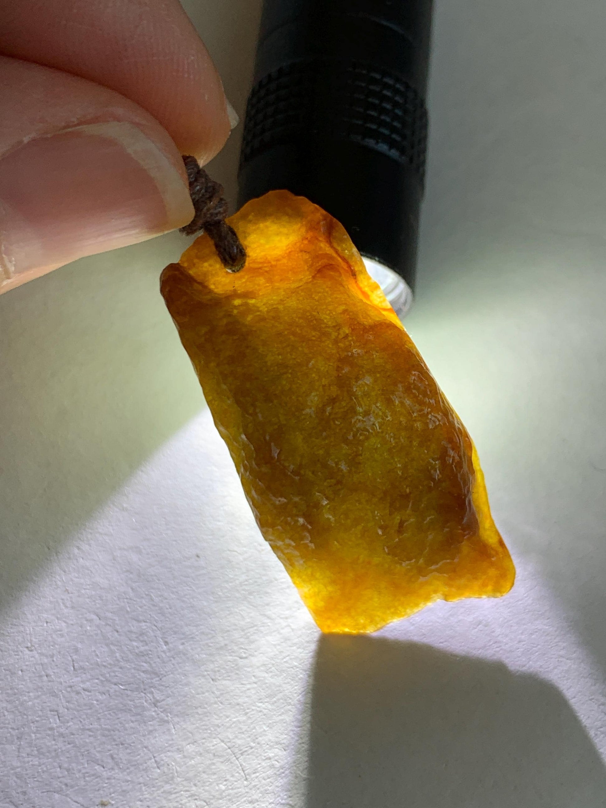 Natural Grade A Icy Translucent Bicolored Jade Jadeite w/ Rind Rectangle Pendant Rough Cut Rope Necklace 24.5” 12g 天然冰胶油黄皮壳料翡翠牌项链 PGL450B