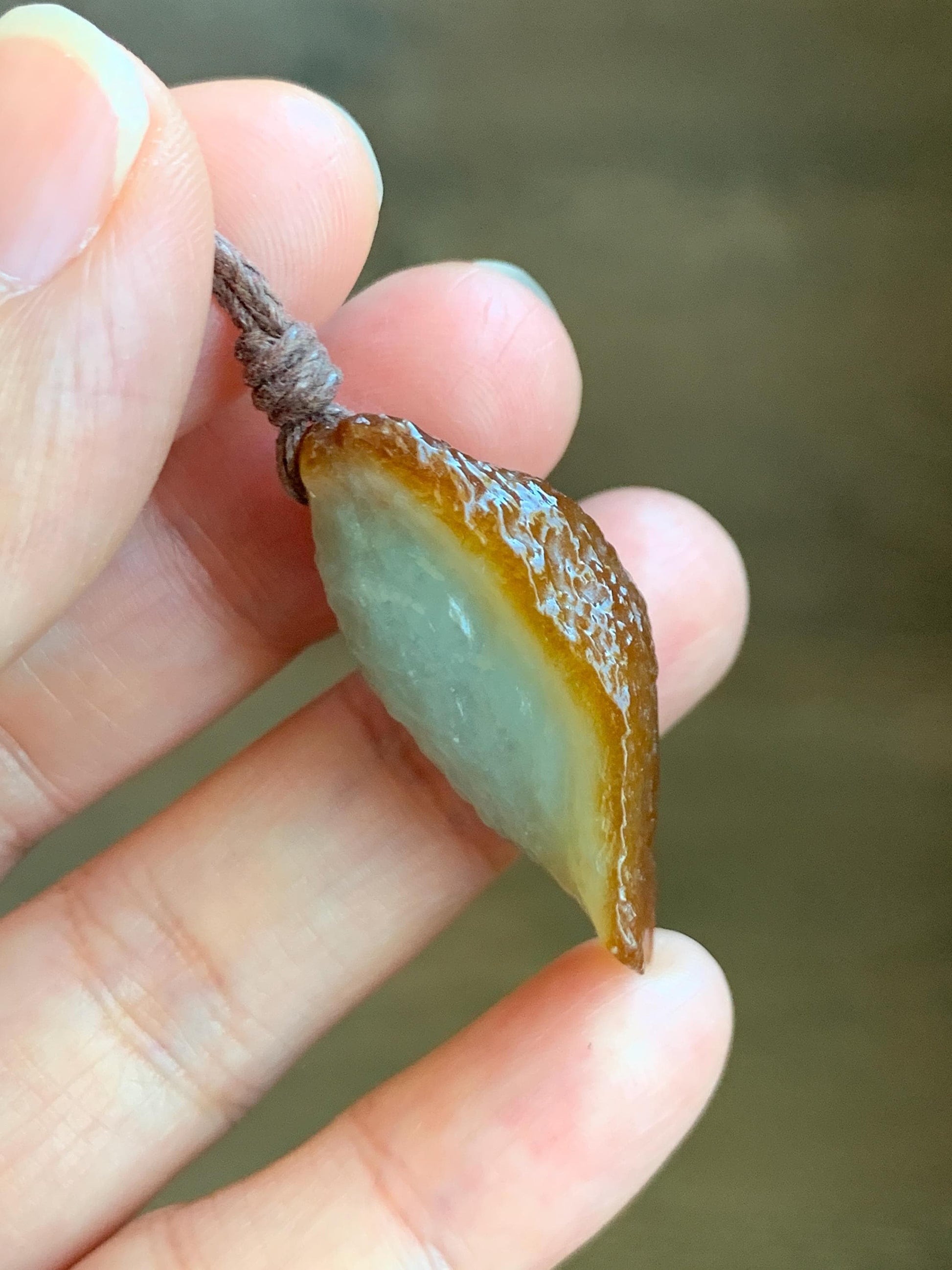 Natural Grade A Icy Translucent Bicolored Jade Jadeite w/ Rind Rectangle Pendant Rough Cut Rope Necklace 24.5” 12g 天然冰胶油黄皮壳料翡翠牌项链 PGL450B
