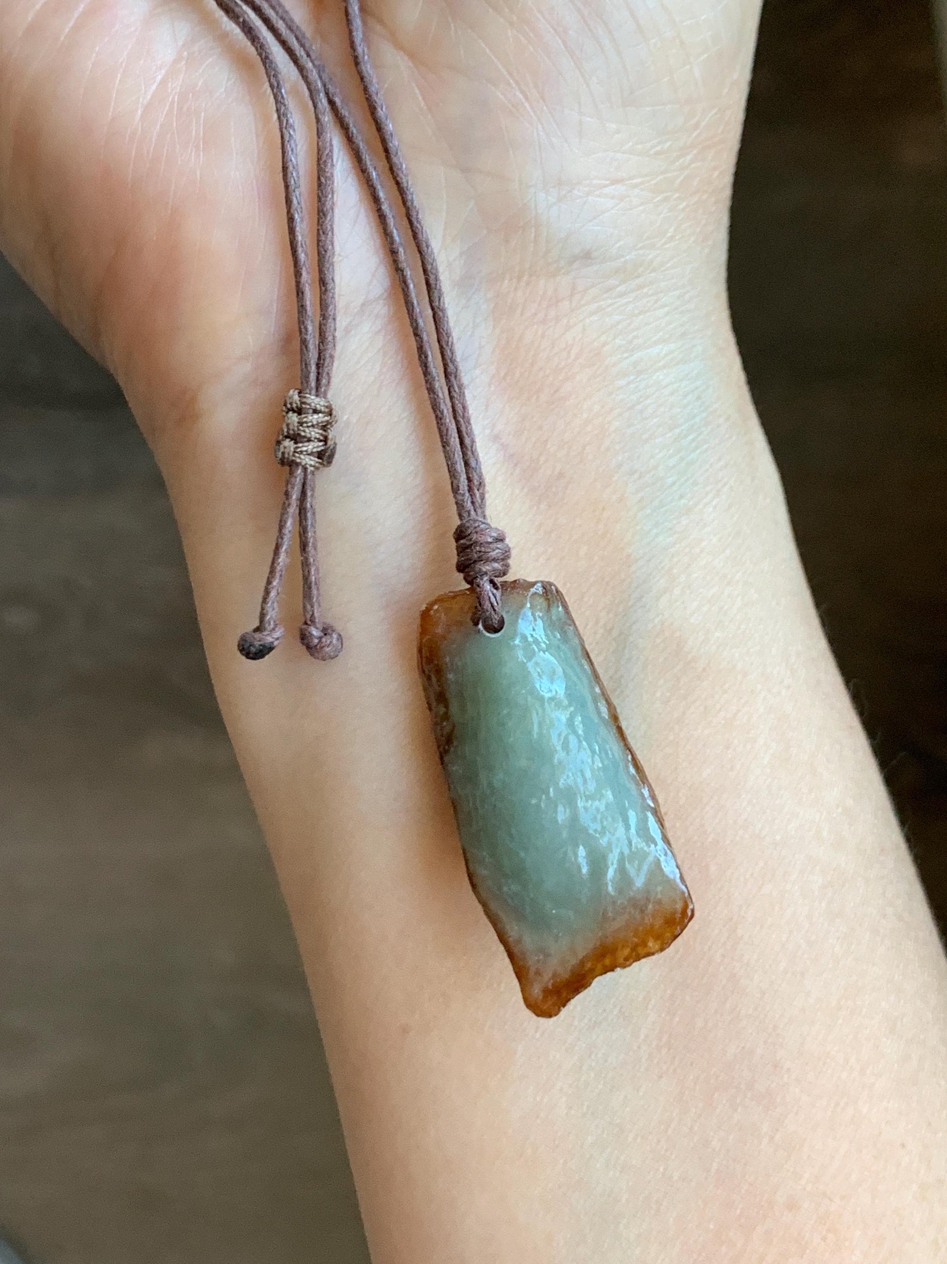 Natural Grade A Icy Translucent Bicolored Jade Jadeite w/ Rind Rectangle Pendant Rough Cut Rope Necklace 24.5” 12g 天然冰胶油黄皮壳料翡翠牌项链 PGL450B