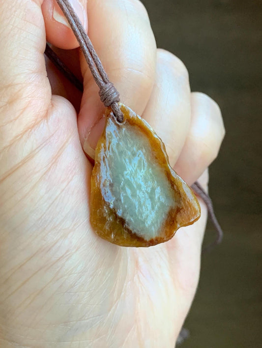 Natural Grade A Icy Translucent Bicolored Jade Jadeite w/ Rind Teardrop Pendant Rough Cut Rope Necklace 24.5” 12g 天然冰胶油黄皮壳料翡翠牌项链 PGL450A