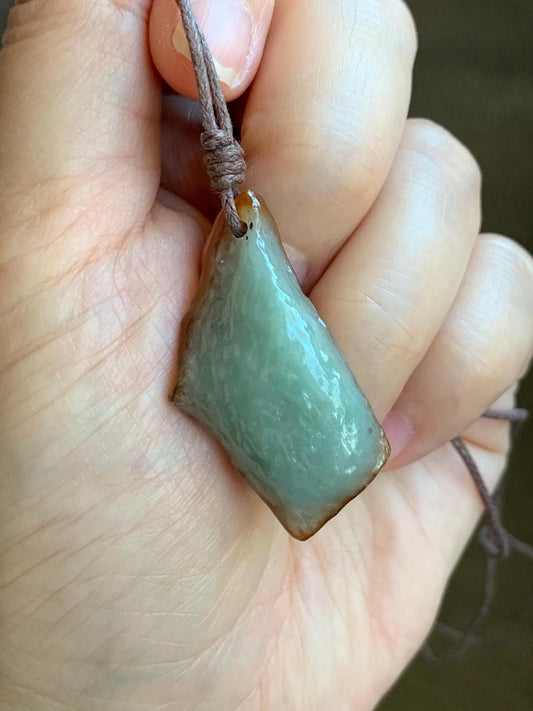 Natural Grade A Icy Translucent Bicolored Jade Jadeite w/ Rind Rough Cut Pendant Rope Necklace 24.5” 11g 天然冰胶油黄皮壳料翡翠牌项链 PGL450C