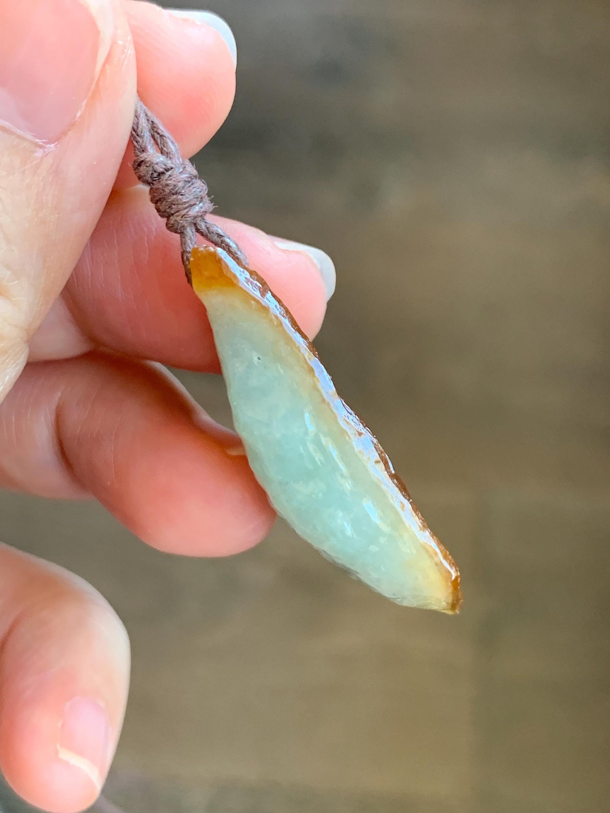 Natural Grade A Icy Translucent Bicolored Jade Jadeite w/ Rind Rough Cut Pendant Rope Necklace 24.5” 11g 天然冰胶油黄皮壳料翡翠牌项链 PGL450C