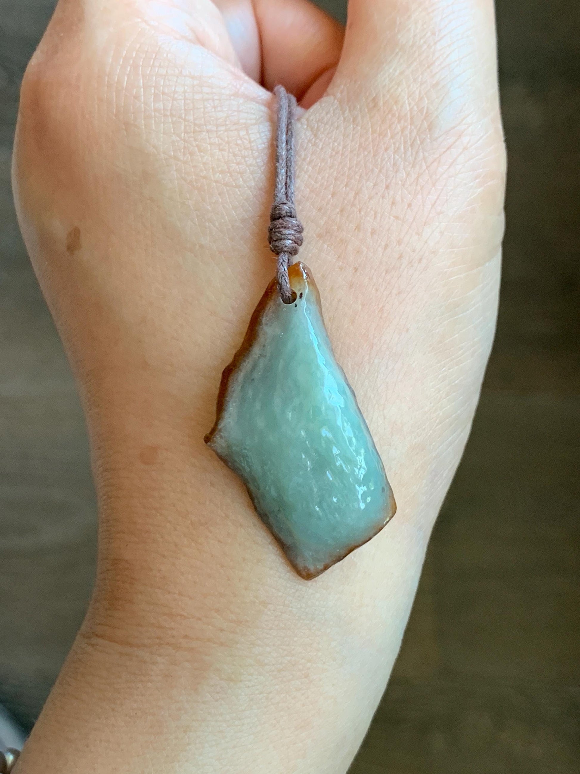 Natural Grade A Icy Translucent Bicolored Jade Jadeite w/ Rind Rough Cut Pendant Rope Necklace 24.5” 11g 天然冰胶油黄皮壳料翡翠牌项链 PGL450C