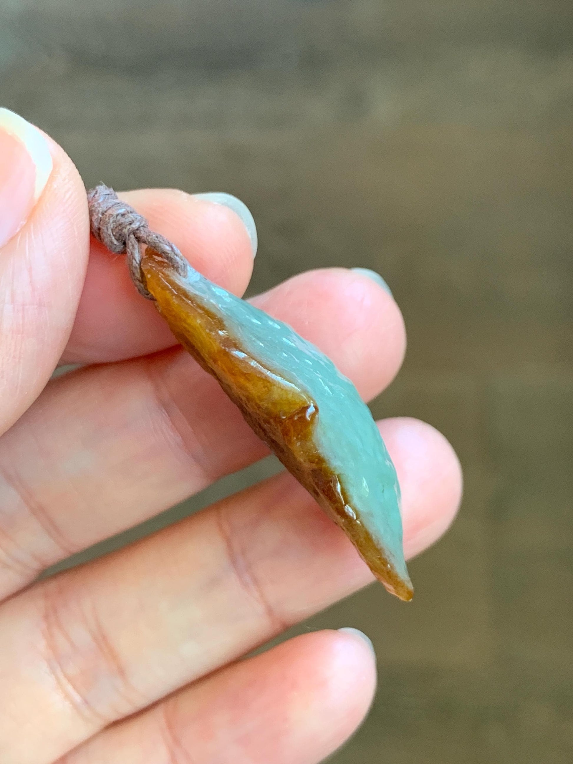 Natural Grade A Icy Translucent Bicolored Jade Jadeite w/ Rind Rough Cut Pendant Rope Necklace 24.5” 11g 天然冰胶油黄皮壳料翡翠牌项链 PGL450C