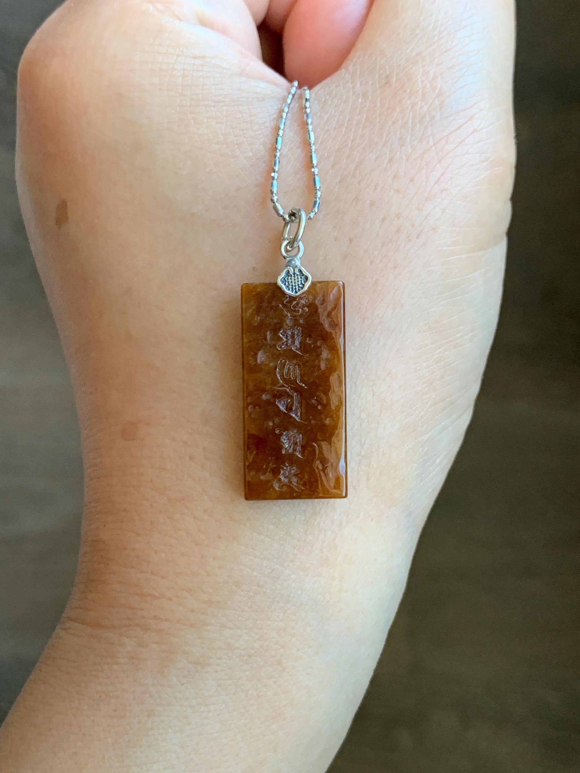 Natural Grade A Icy Translucent Bicolored Jade Jadeite w/ Rind Six-Word Mantra Rectangle Pendant Sterling Silver 天然冰胶油黄皮壳料翡翠六字真言牌吊坠 PGL220A