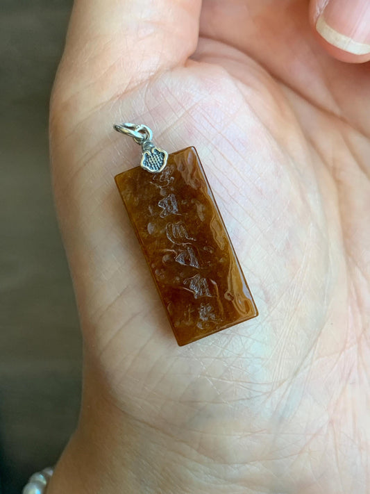 Natural Grade A Icy Translucent Bicolored Jade Jadeite w/ Rind Six-Word Mantra Rectangle Pendant Sterling Silver 天然冰胶油黄皮壳料翡翠六字真言牌吊坠 PGL220A