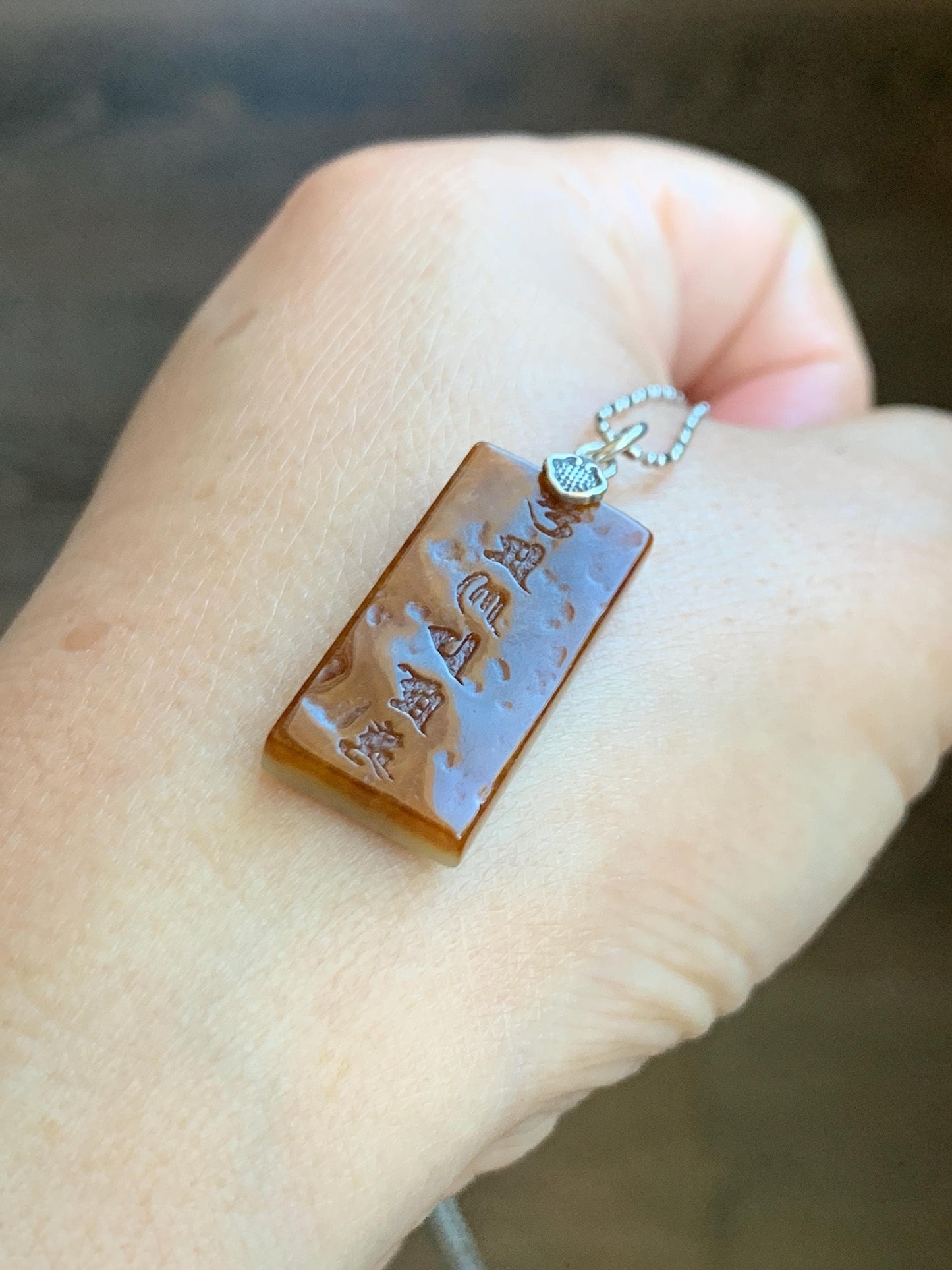 Natural Grade A Icy Translucent Bicolored Jade Jadeite w/ Rind Six-Word Mantra Rectangle Pendant Sterling Silver 天然冰胶油黄皮壳料翡翠六字真言牌吊坠 PGL220A