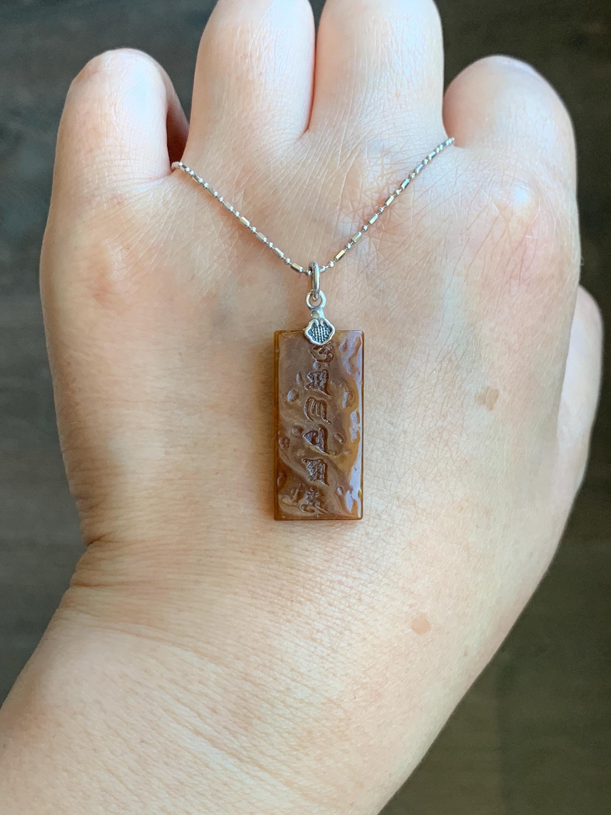 Natural Grade A Icy Translucent Bicolored Jade Jadeite w/ Rind Six-Word Mantra Rectangle Pendant Sterling Silver 天然冰胶油黄皮壳料翡翠六字真言牌吊坠 PGL220A