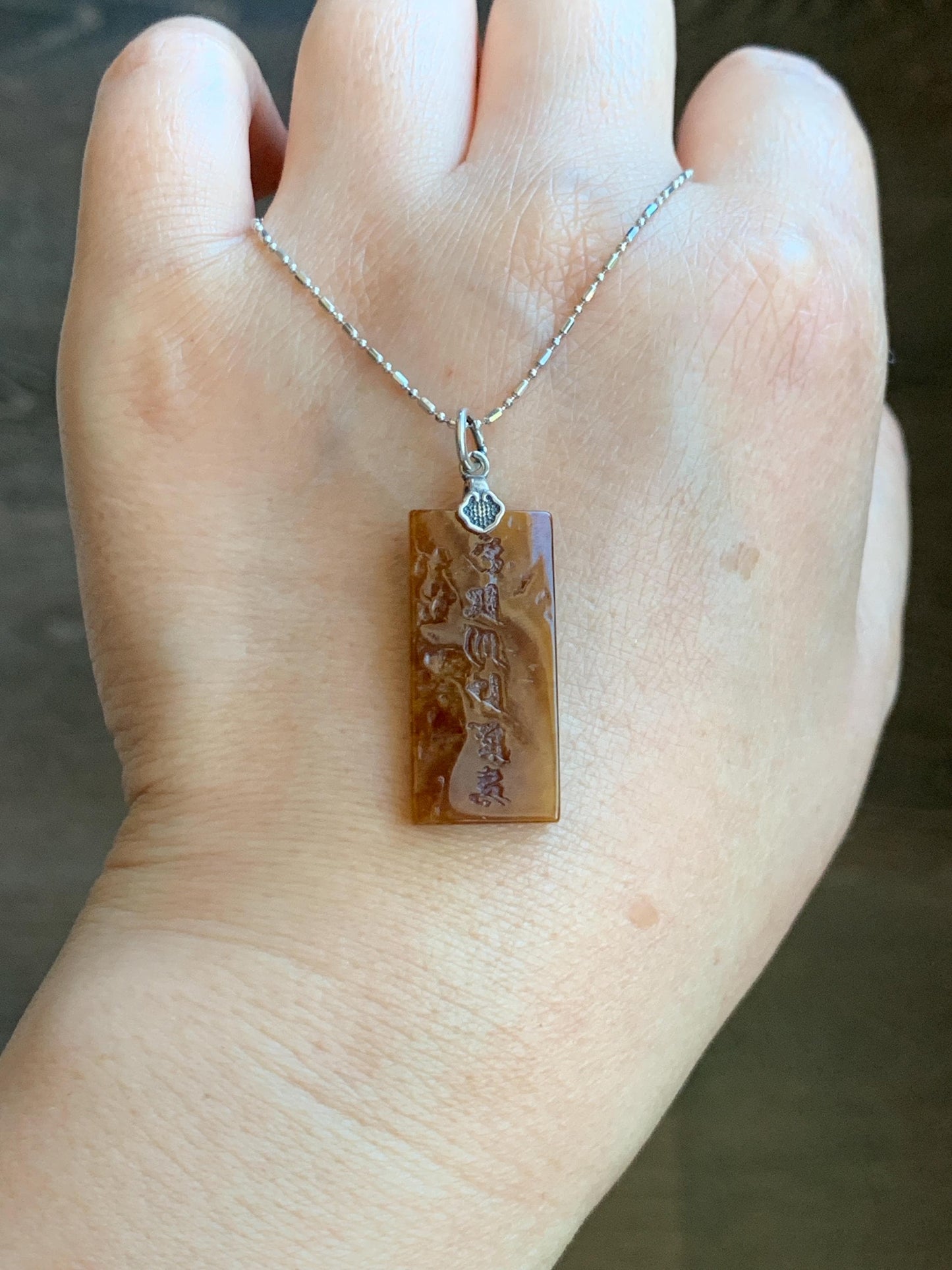 Natural Grade A Icy Translucent Bicolored Jade Jadeite w/ Rind Six-Word Mantra Rectangle Pendant Sterling Silver 天然冰胶油黄皮壳料翡翠六字真言牌吊坠 PGL220B