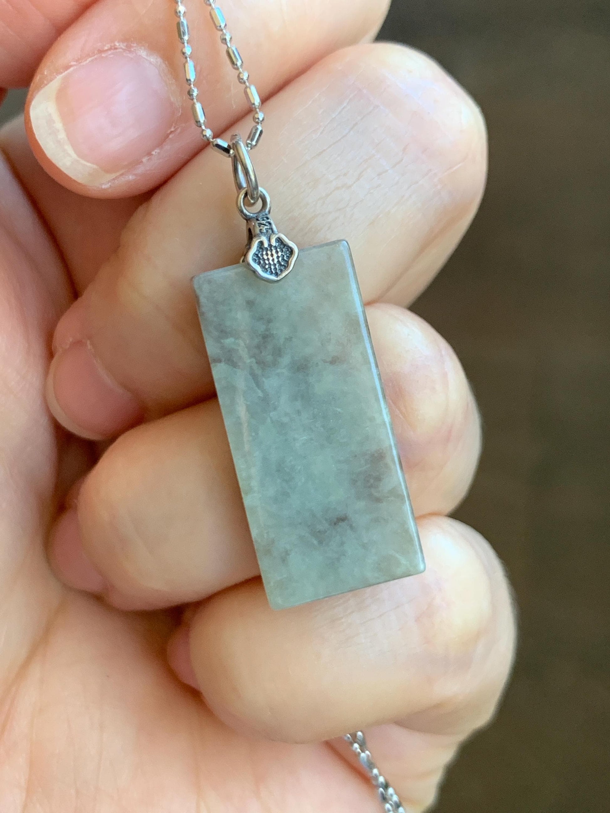 Natural Grade A Icy Translucent Bicolored Jade Jadeite w/ Rind Six-Word Mantra Rectangle Pendant Sterling Silver 天然冰胶油黄皮壳料翡翠六字真言牌吊坠 PGL220B