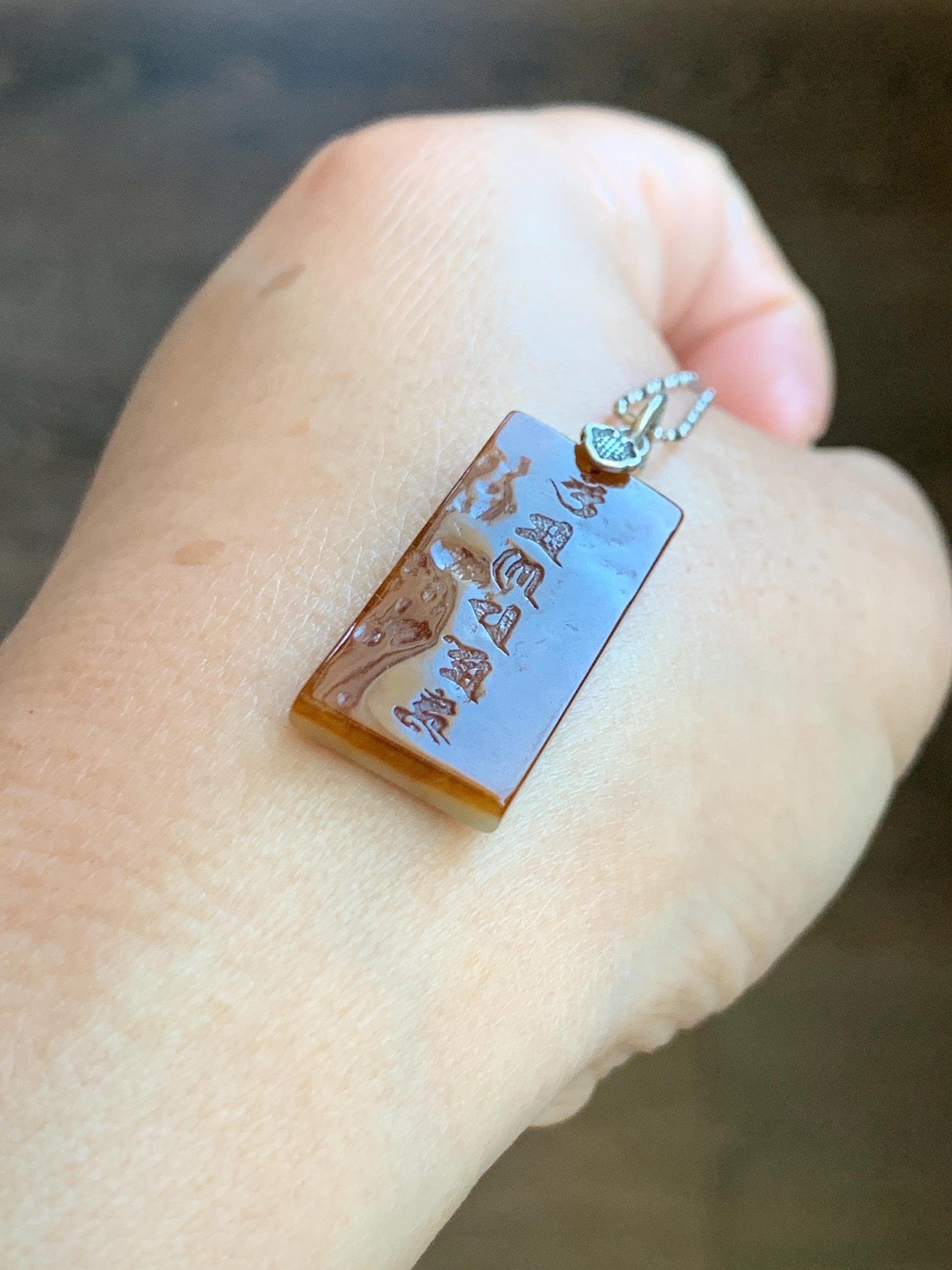 Natural Grade A Icy Translucent Bicolored Jade Jadeite w/ Rind Six-Word Mantra Rectangle Pendant Sterling Silver 天然冰胶油黄皮壳料翡翠六字真言牌吊坠 PGL220B