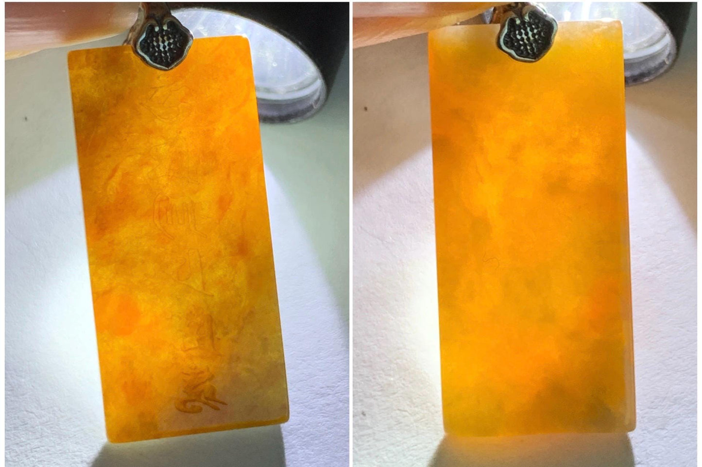 Natural Grade A Icy Translucent Bicolored Jade Jadeite w/ Rind Six-Word Mantra Rectangle Pendant Sterling Silver 天然冰胶油黄皮壳料翡翠六字真言牌吊坠 PGL220B