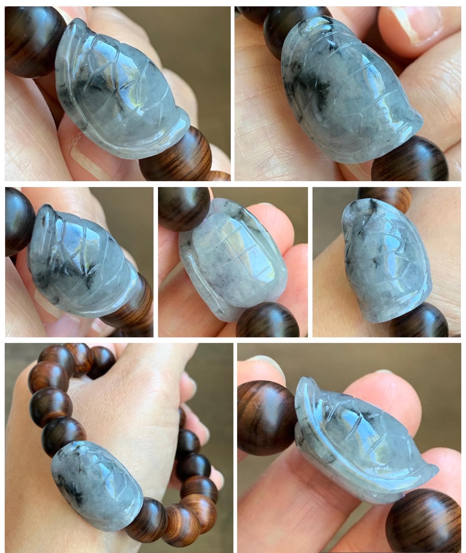 Natural Grade A Icy Translucent Wuji Jade Jadeite Carved Turtle Shell Wood Beads Beaded Bracelet 7.25” 22g 天然冰胶乌鸡翡翠龟壳富甲天下木珠手串 FJZ-B