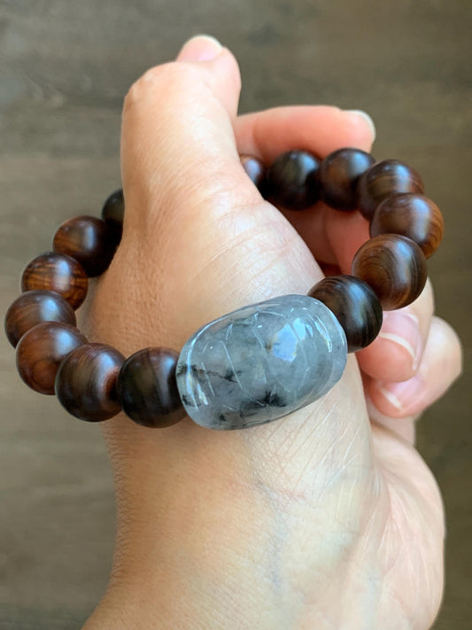 Natural Grade A Icy Translucent Wuji Jade Jadeite Carved Turtle Shell Wood Beads Beaded Bracelet 7.25” 22g 天然冰胶乌鸡翡翠龟壳富甲天下木珠手串 FJZ-B