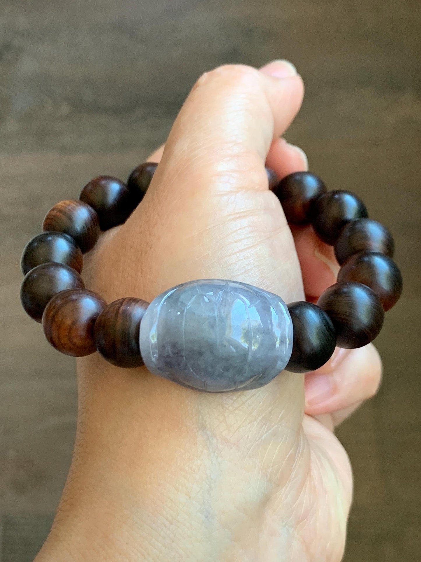 Natural Grade A Icy Translucent Wuji Jade Jadeite Carved Turtle Shell Wood Beads Beaded Bracelet 7.25” 23g 天然冰胶乌鸡紫底翡翠龟壳富甲天下木珠手串 FJZ-A
