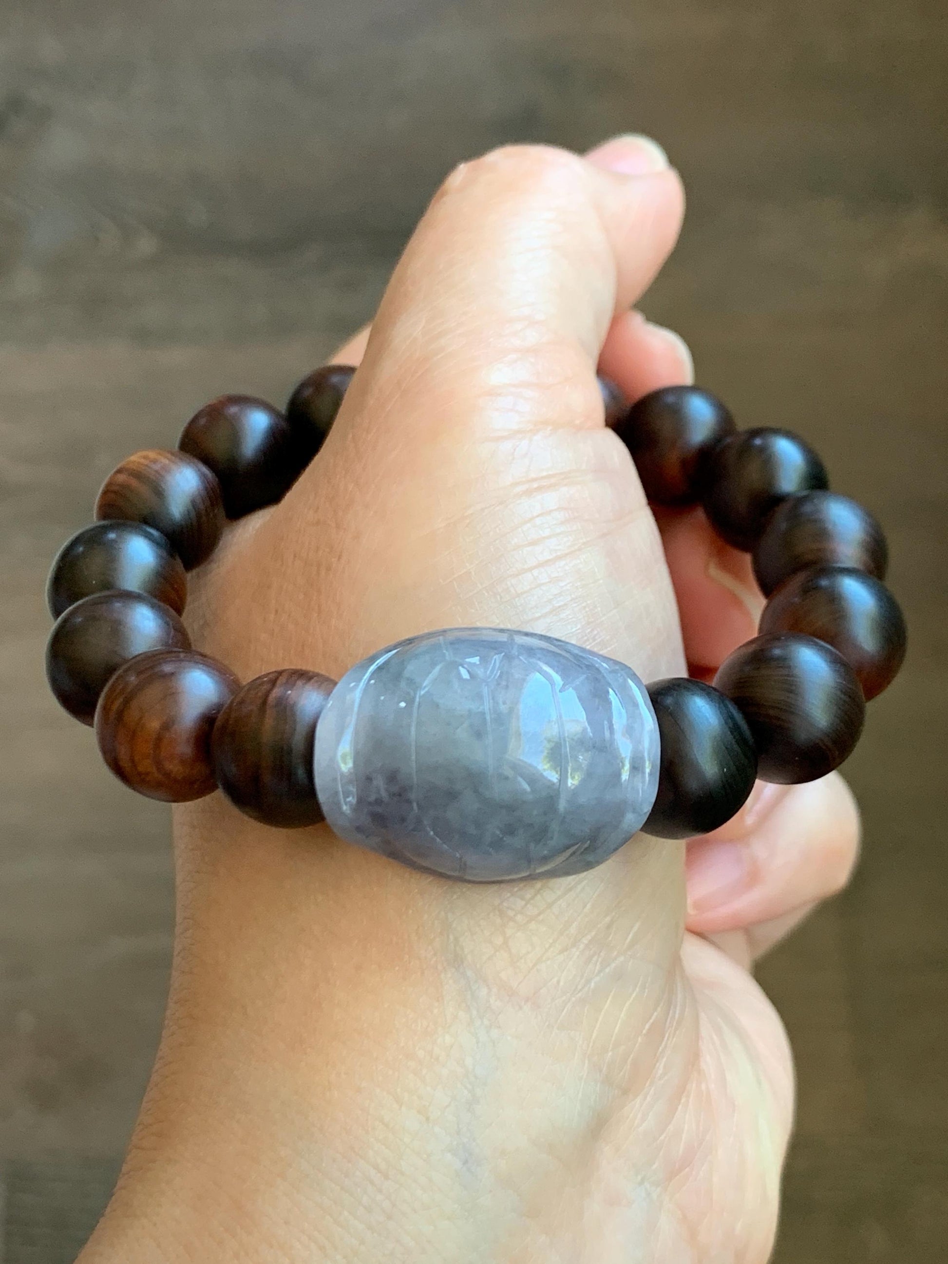 Natural Grade A Icy Translucent Wuji Jade Jadeite Carved Turtle Shell Wood Beads Beaded Bracelet 7.25” 23g 天然冰胶乌鸡紫底翡翠龟壳富甲天下木珠手串 FJZ-A