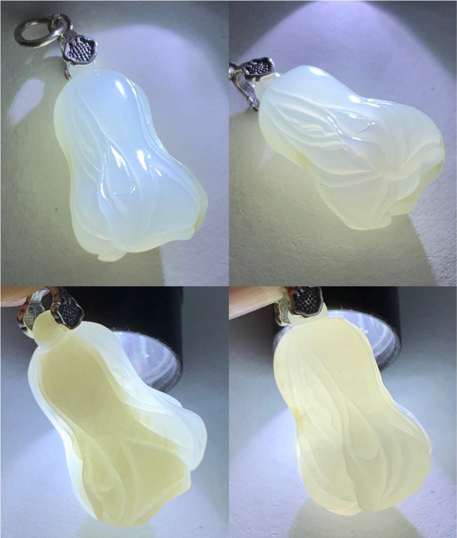 Natural Grade A Icy Translucent Gelatinous White Jade Jadeite Carved Cabbage Pendant Sterling Silver 6g 天然冰胶白冰翡翠白菜吊坠 MBB88