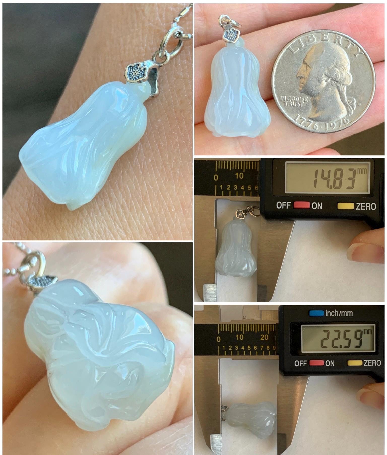 Natural Grade A Icy Translucent Gelatinous White Jade Jadeite Carved Cabbage Pendant Sterling Silver 6g 天然冰胶白冰翡翠白菜吊坠 MBB88