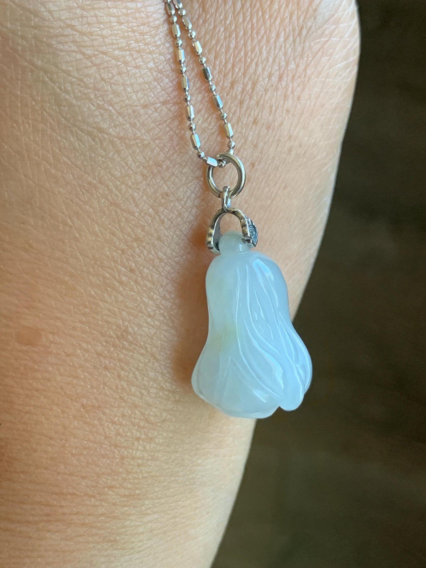 Natural Grade A Icy Translucent Gelatinous White Jade Jadeite Carved Cabbage Pendant Sterling Silver 6g 天然冰胶白冰翡翠白菜吊坠 MBB88