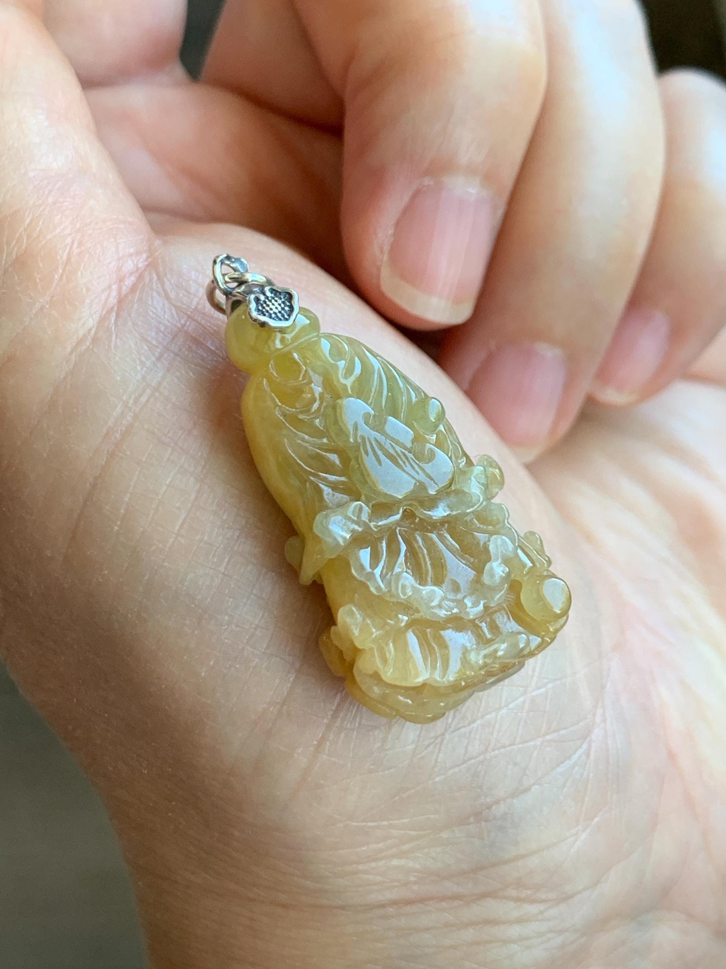 Natural Grade A Icy Translucent Gelatinous Yellow Jade Jadeite Carved Cabbage Pendant Sterling Silver 9g 天然冰胶黄翡翠白菜百财吊坠 MHB132