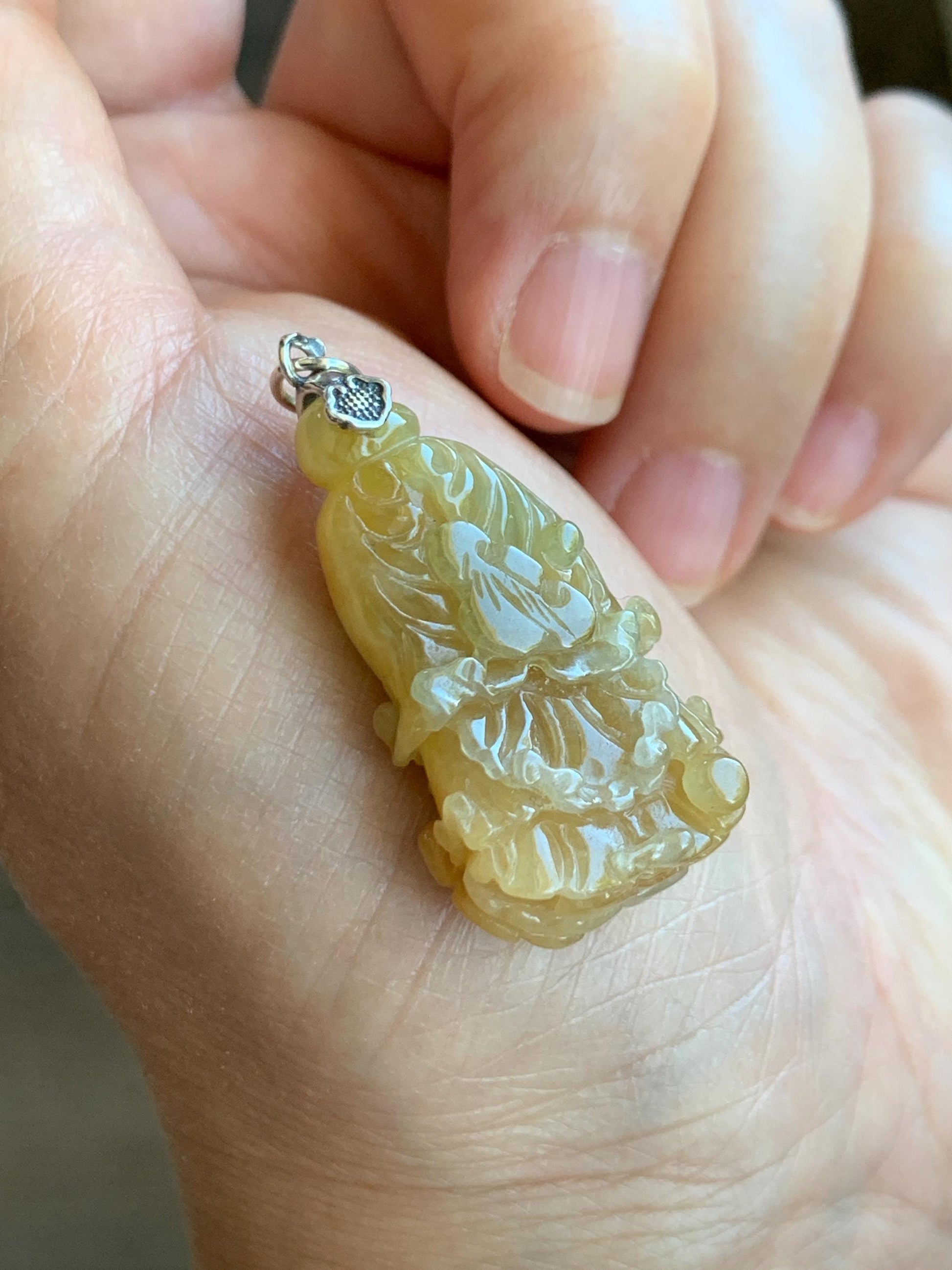 Natural Grade A Icy Translucent Gelatinous Yellow Jade Jadeite Carved Cabbage Pendant Sterling Silver 9g 天然冰胶黄翡翠白菜百财吊坠 MHB132