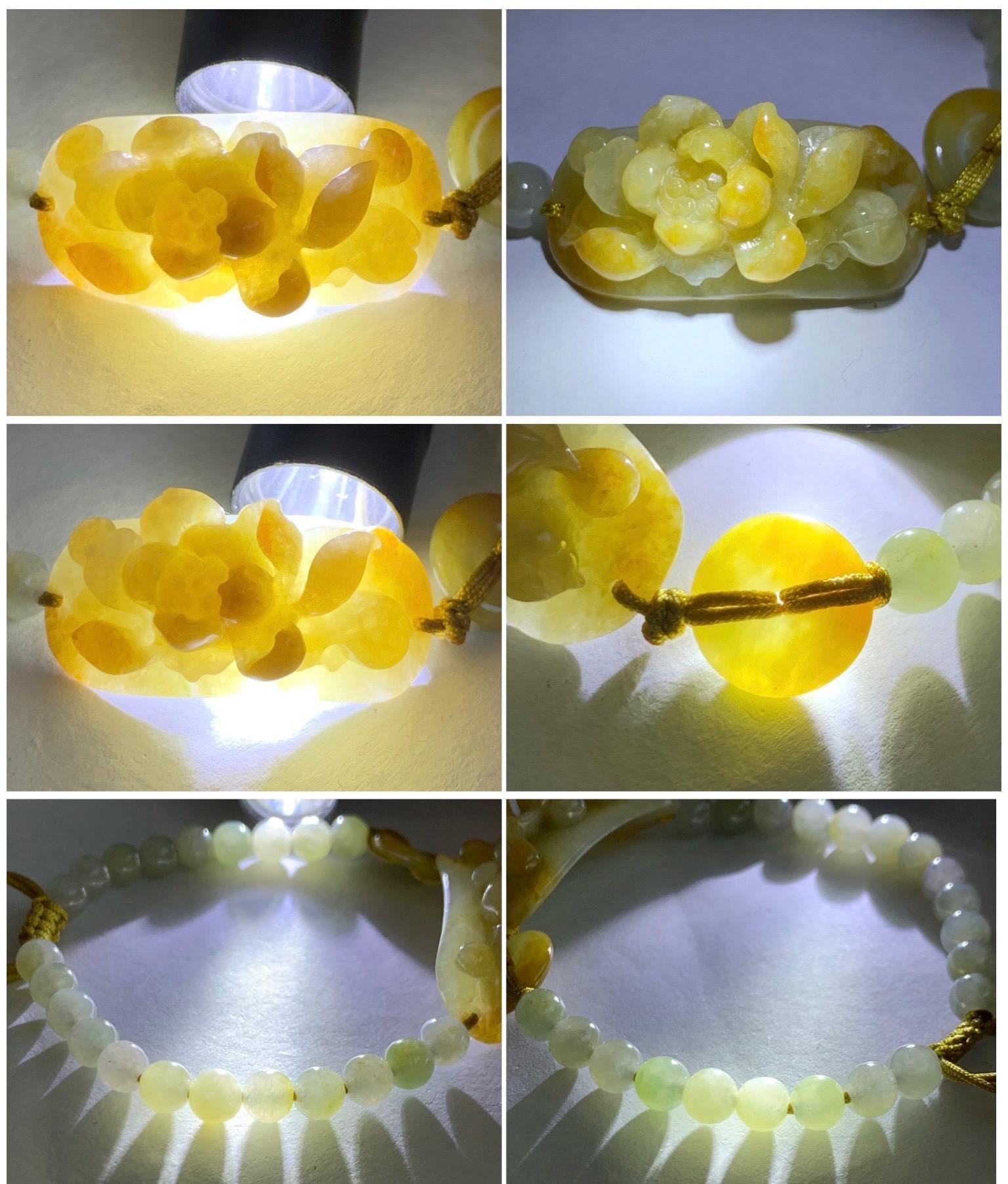 Natural Grade A Icy Translucent Vibrant Yellow Jade Jadeite Carved Lotus Flower Cuff Beaded Bracelet 7” 16g 天然冰黄翡翠莲花圆珠手串 MHL278