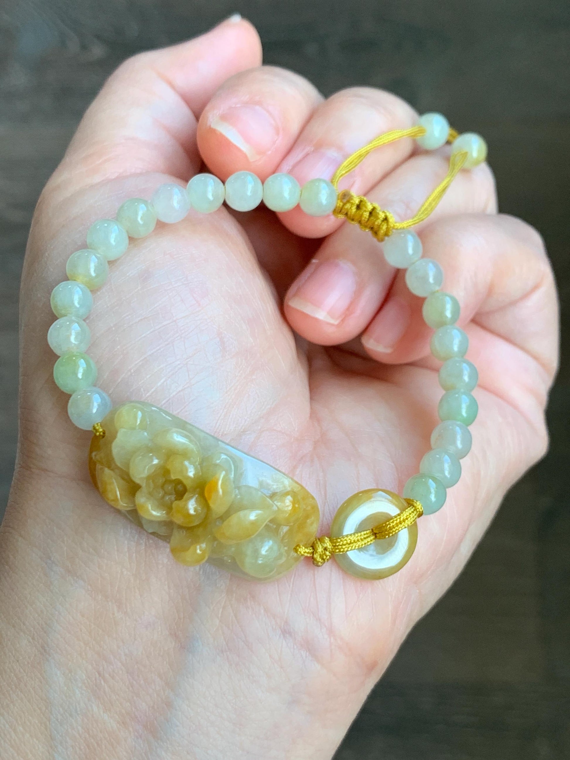 Natural Grade A Icy Translucent Vibrant Yellow Jade Jadeite Carved Lotus Flower Cuff Beaded Bracelet 7” 16g 天然冰黄翡翠莲花圆珠手串 MHL278