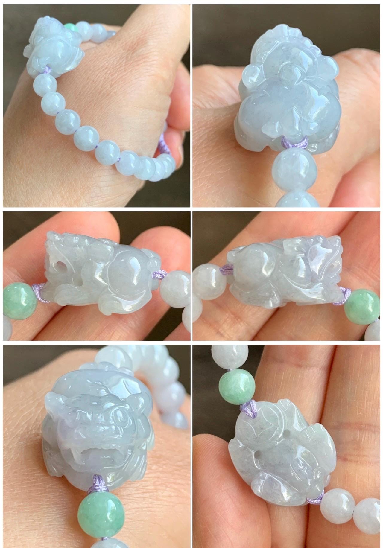 Natural Grade A Icy Translucent Gelatinous Pastel Lavender Wuji Jade Jadeite Carved Pixiu Beaded Bracelet 6mm 6.5” 19g 天然冰淡紫乌鸡翡翠貔貅手串 BZW266