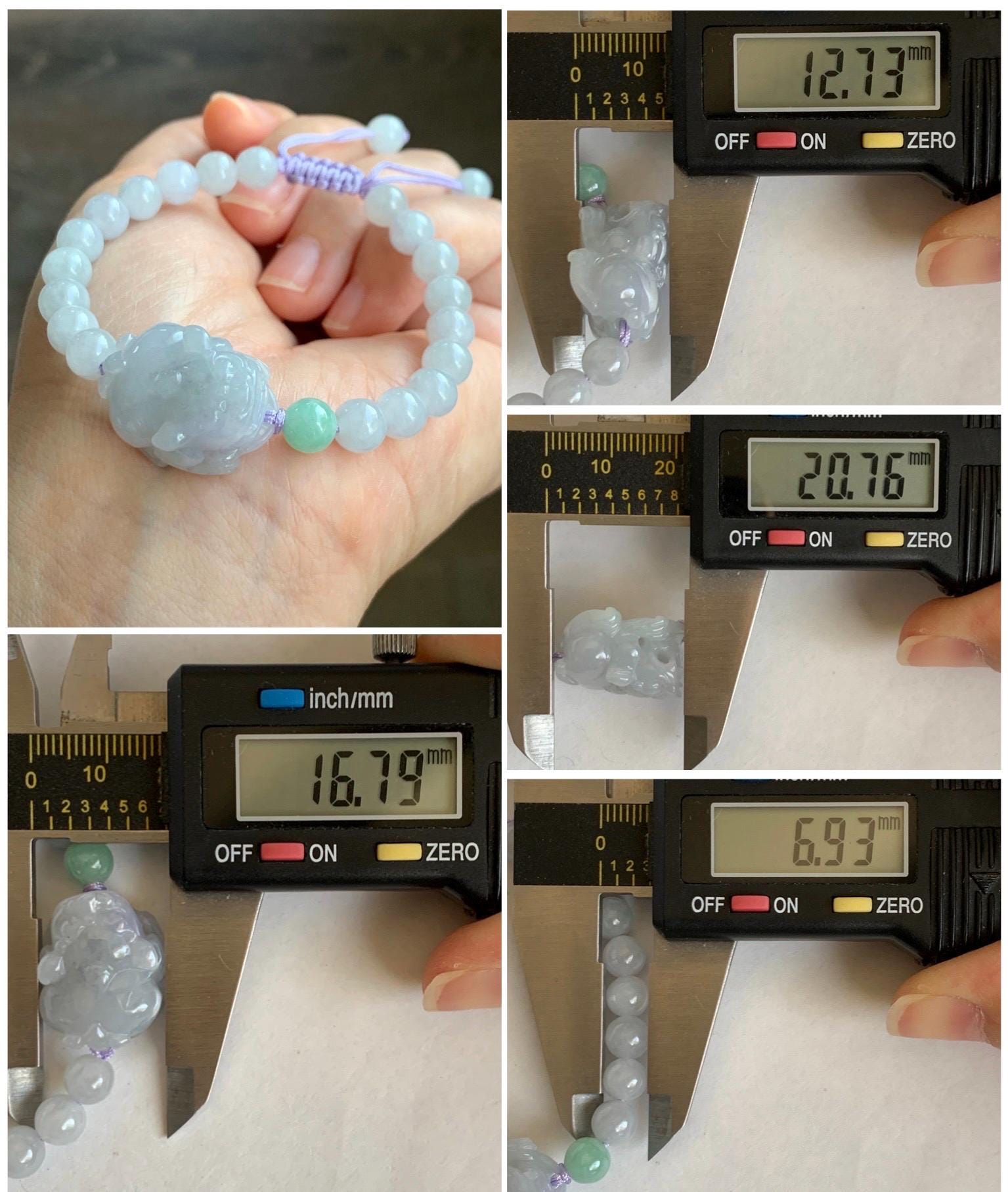 Natural Grade A Icy Translucent Gelatinous Pastel Lavender Wuji Jade Jadeite Carved Pixiu Beaded Bracelet 6mm 6.5” 19g 天然冰淡紫乌鸡翡翠貔貅手串 BZW266