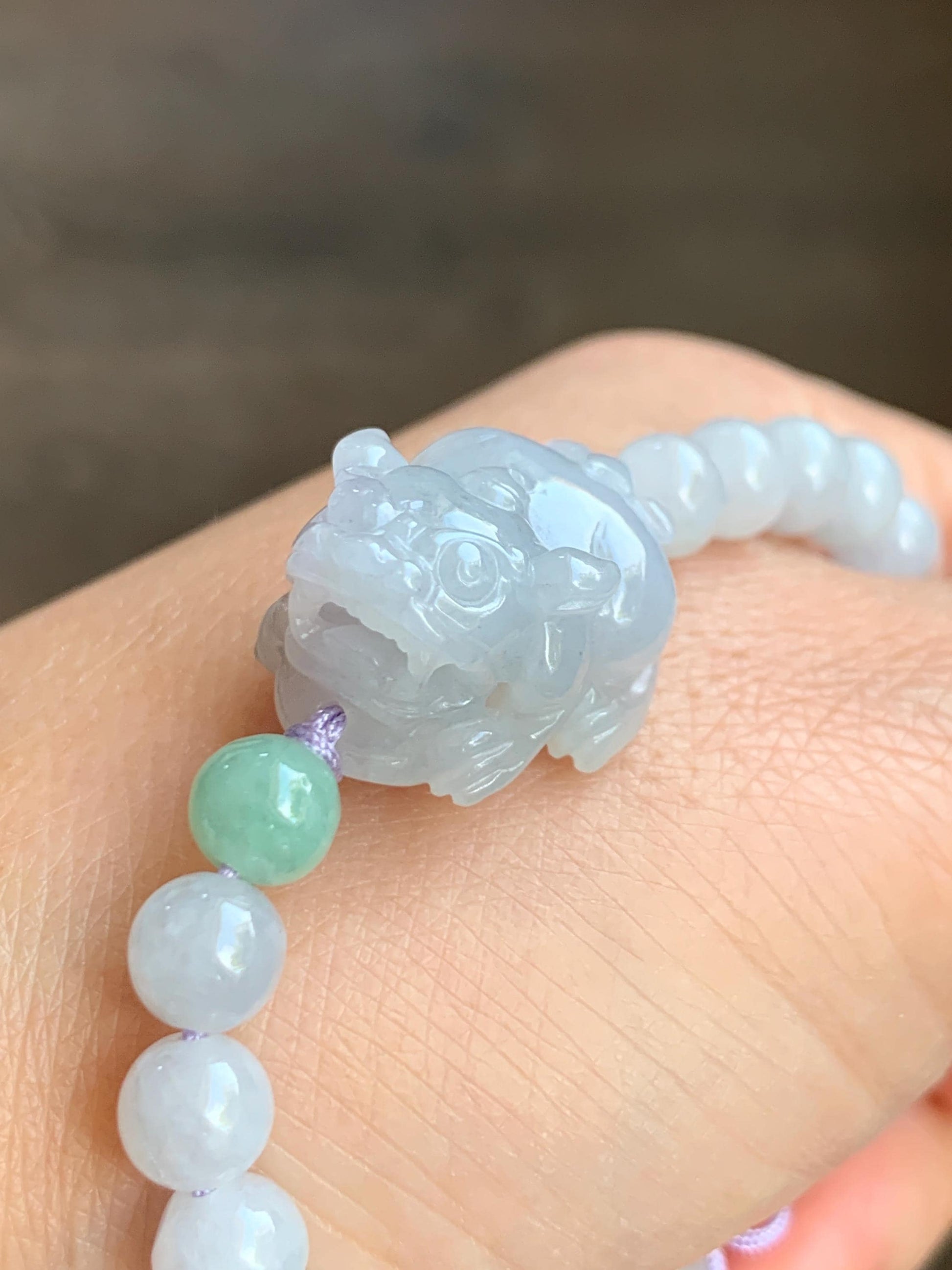 Natural Grade A Icy Translucent Gelatinous Pastel Lavender Wuji Jade Jadeite Carved Pixiu Beaded Bracelet 6mm 6.5” 19g 天然冰淡紫乌鸡翡翠貔貅手串 BZW266