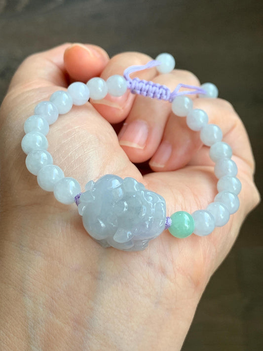 Natural Grade A Icy Translucent Gelatinous Pastel Lavender Wuji Jade Jadeite Carved Pixiu Beaded Bracelet 6mm 6.5” 19g 天然冰淡紫乌鸡翡翠貔貅手串 BZW266