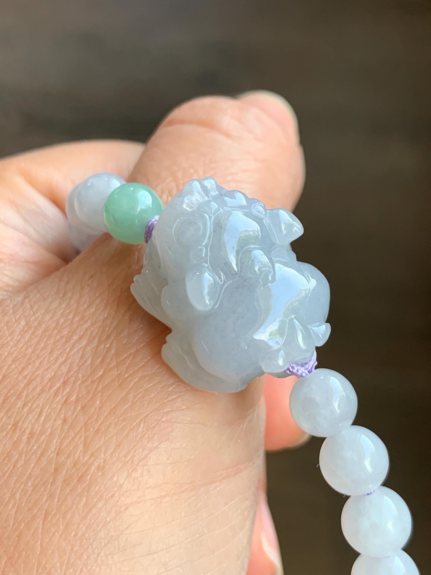 Natural Grade A Icy Translucent Gelatinous Pastel Lavender Wuji Jade Jadeite Carved Pixiu Beaded Bracelet 6mm 6.5” 19g 天然冰淡紫乌鸡翡翠貔貅手串 BZW266