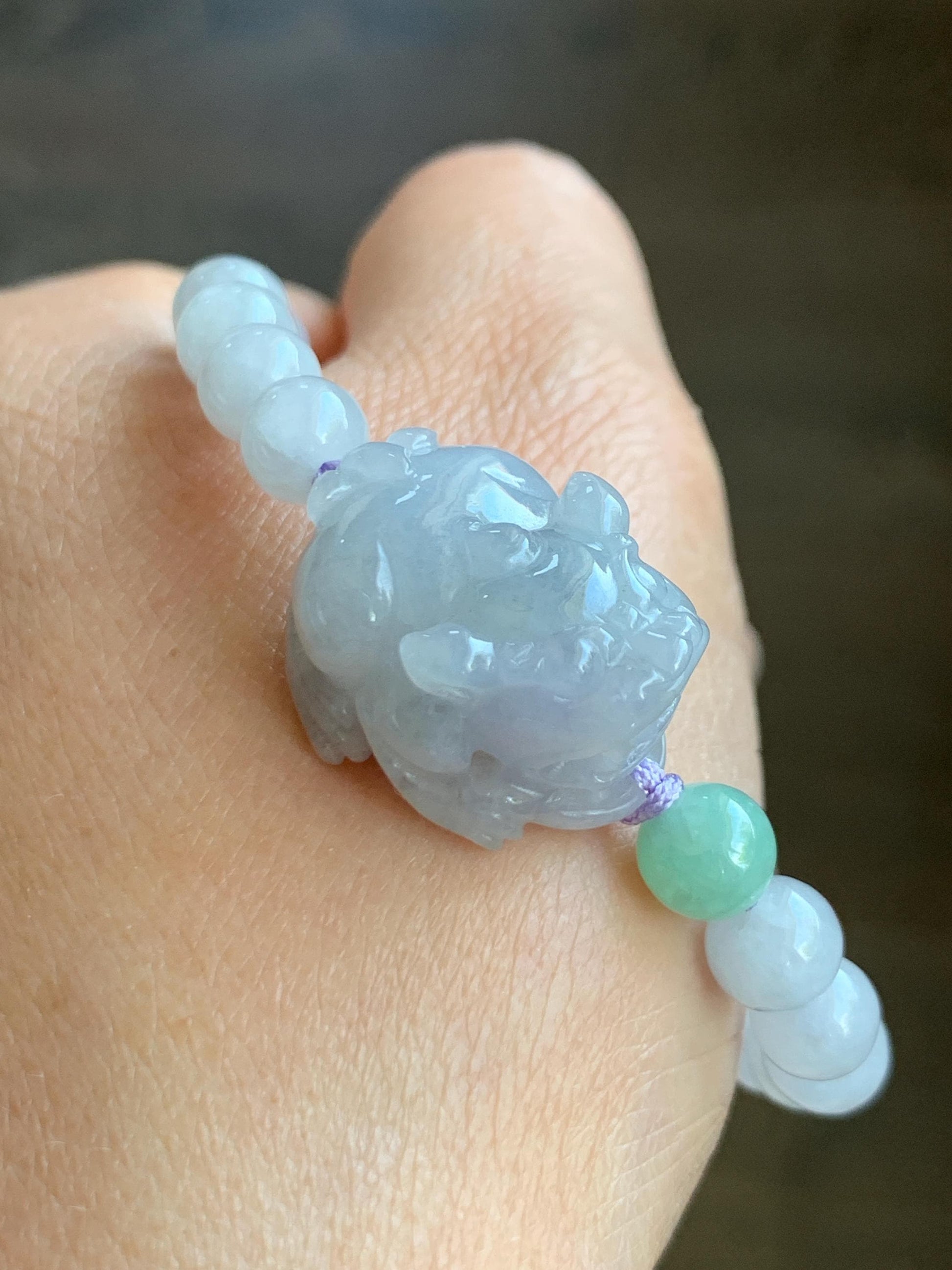 Natural Grade A Icy Translucent Gelatinous Pastel Lavender Wuji Jade Jadeite Carved Pixiu Beaded Bracelet 6mm 6.5” 19g 天然冰淡紫乌鸡翡翠貔貅手串 BZW266
